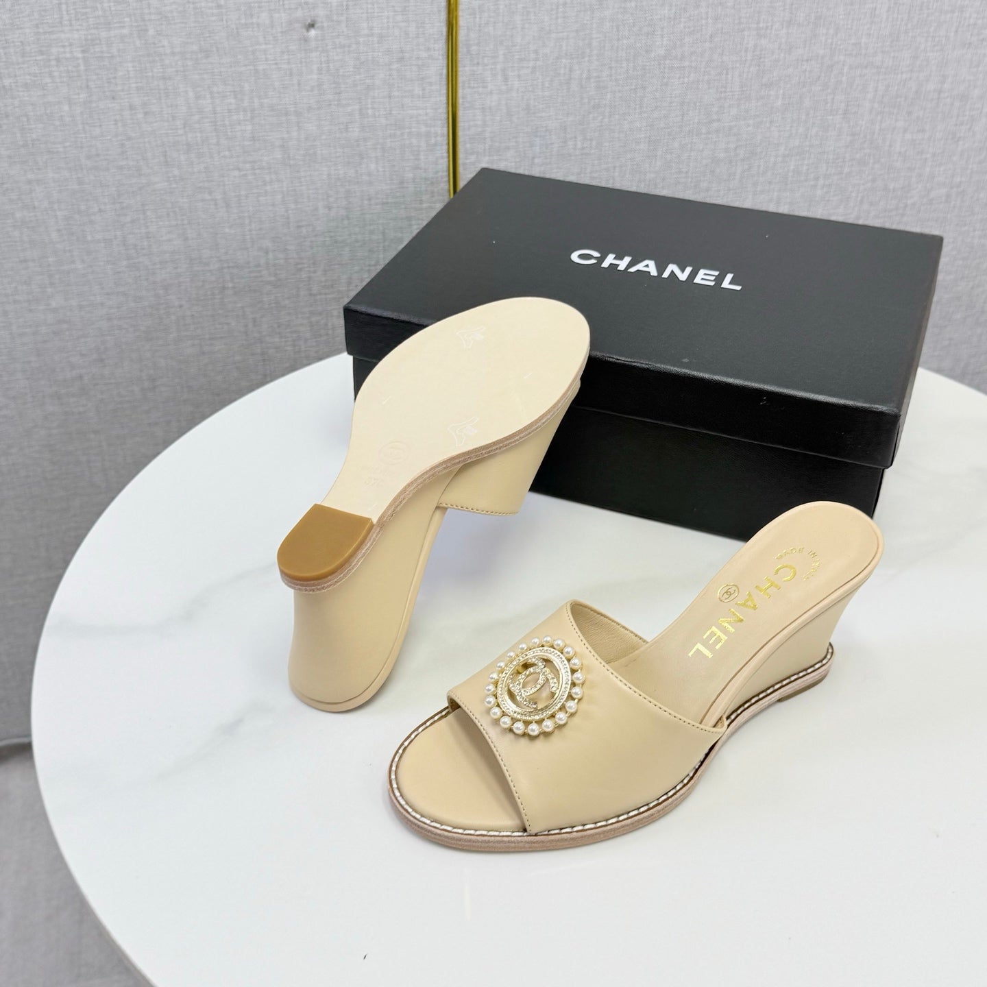 CC 26s Wedge Heels In Beige Lambskin With CC Pearl Embellished