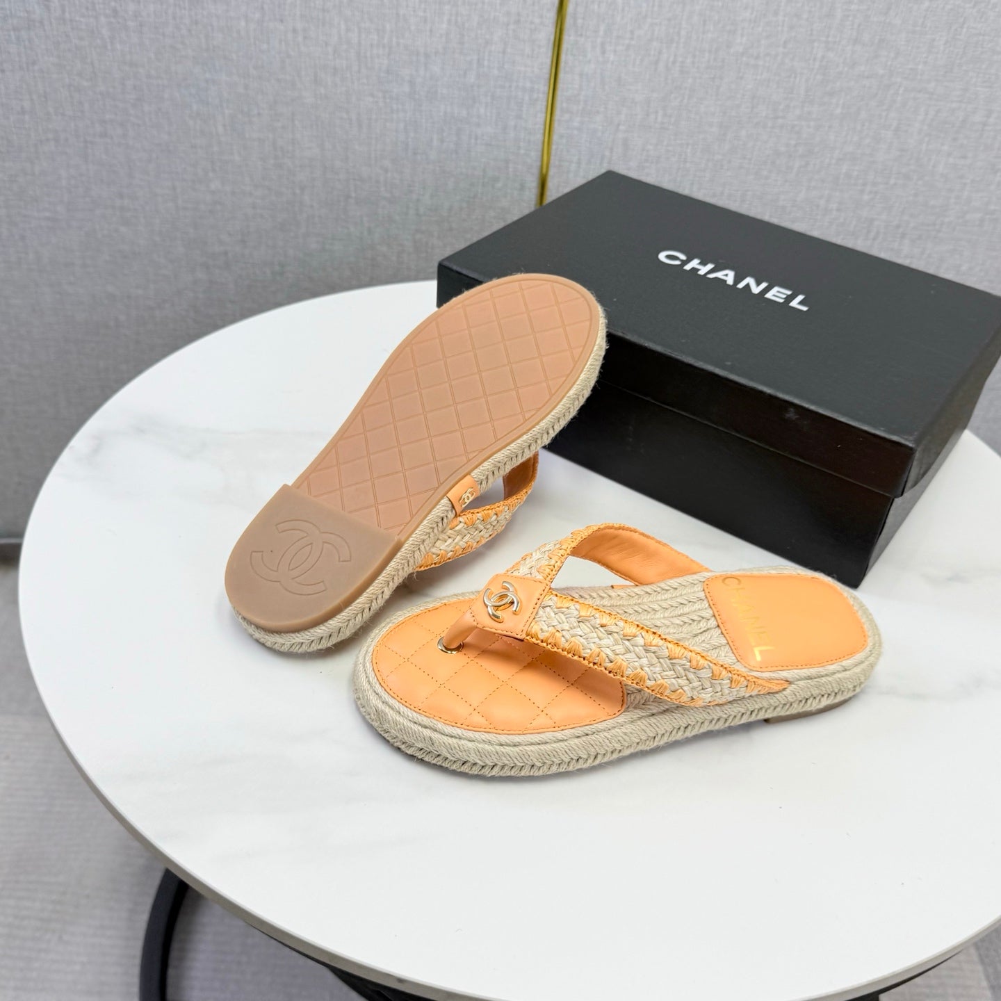 CC 26s Flip Flops Quilted Espadrille Beige Leather 972713