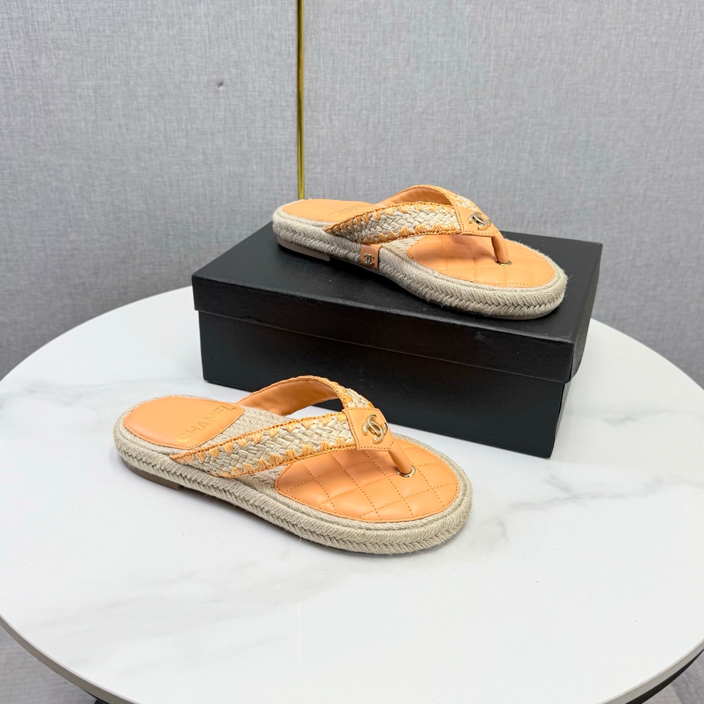 CC 26s Flip Flops Quilted Espadrille Beige Leather 972713