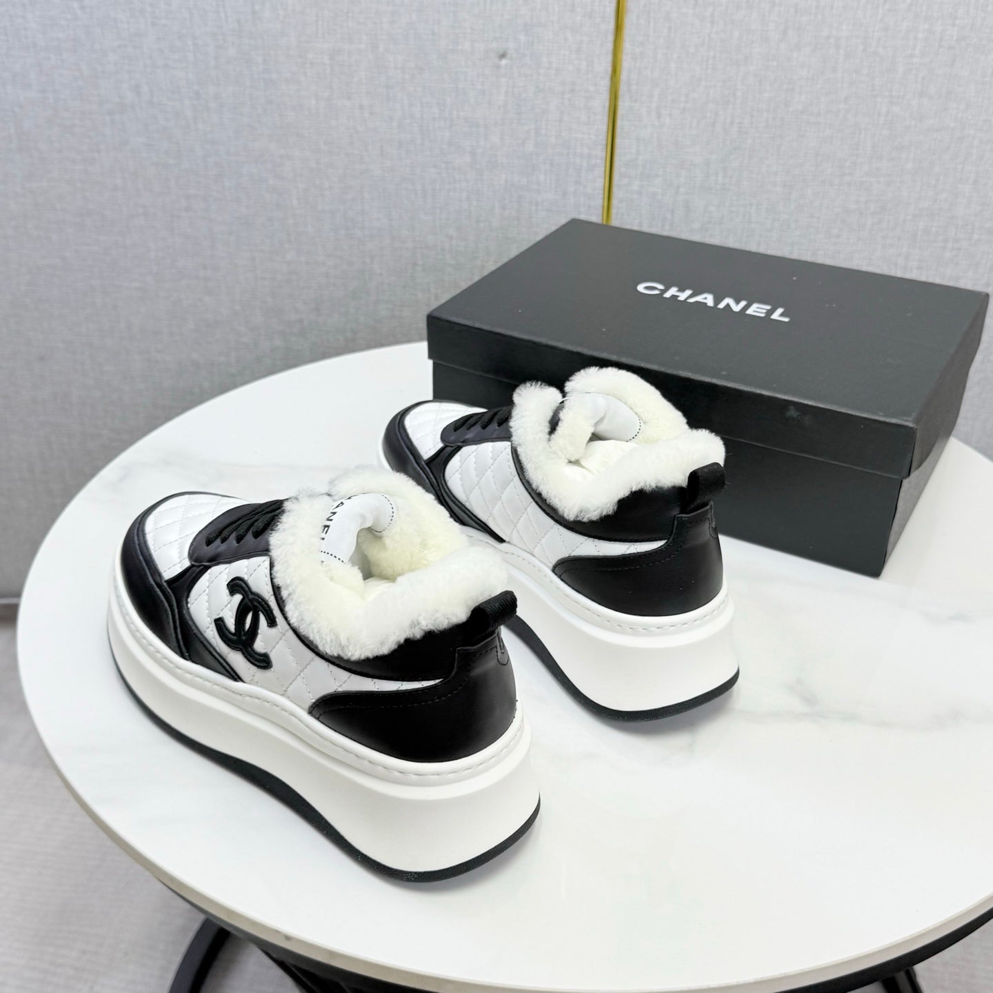 CC 26s Platform Sneakers Black White Quilted Calfskin Shearling 972892