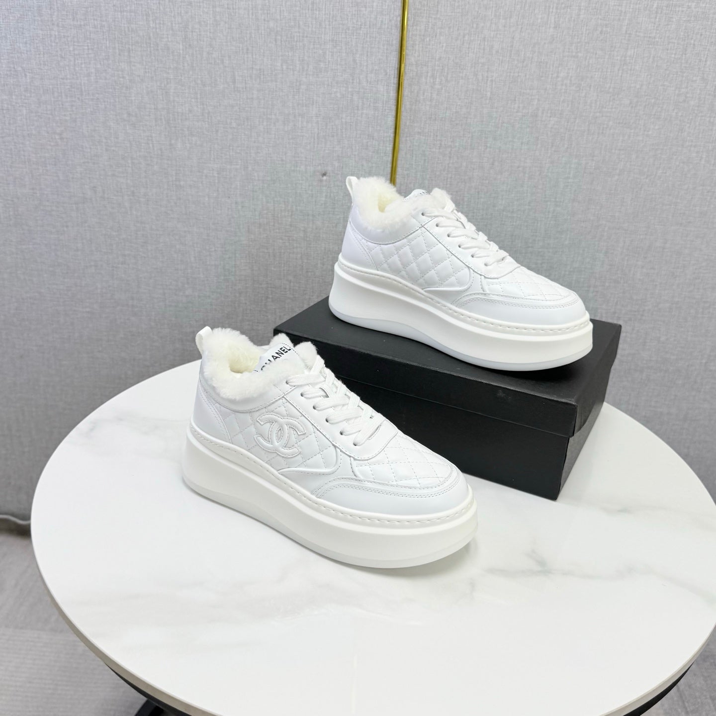 CC 26s Platform Sneakers White Quilted Calfskin Shearling 972893