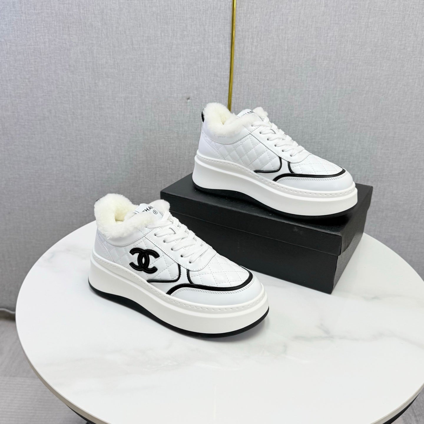 CC 26s Platform Sneakers White Quilted Calfskin Shearling 972894