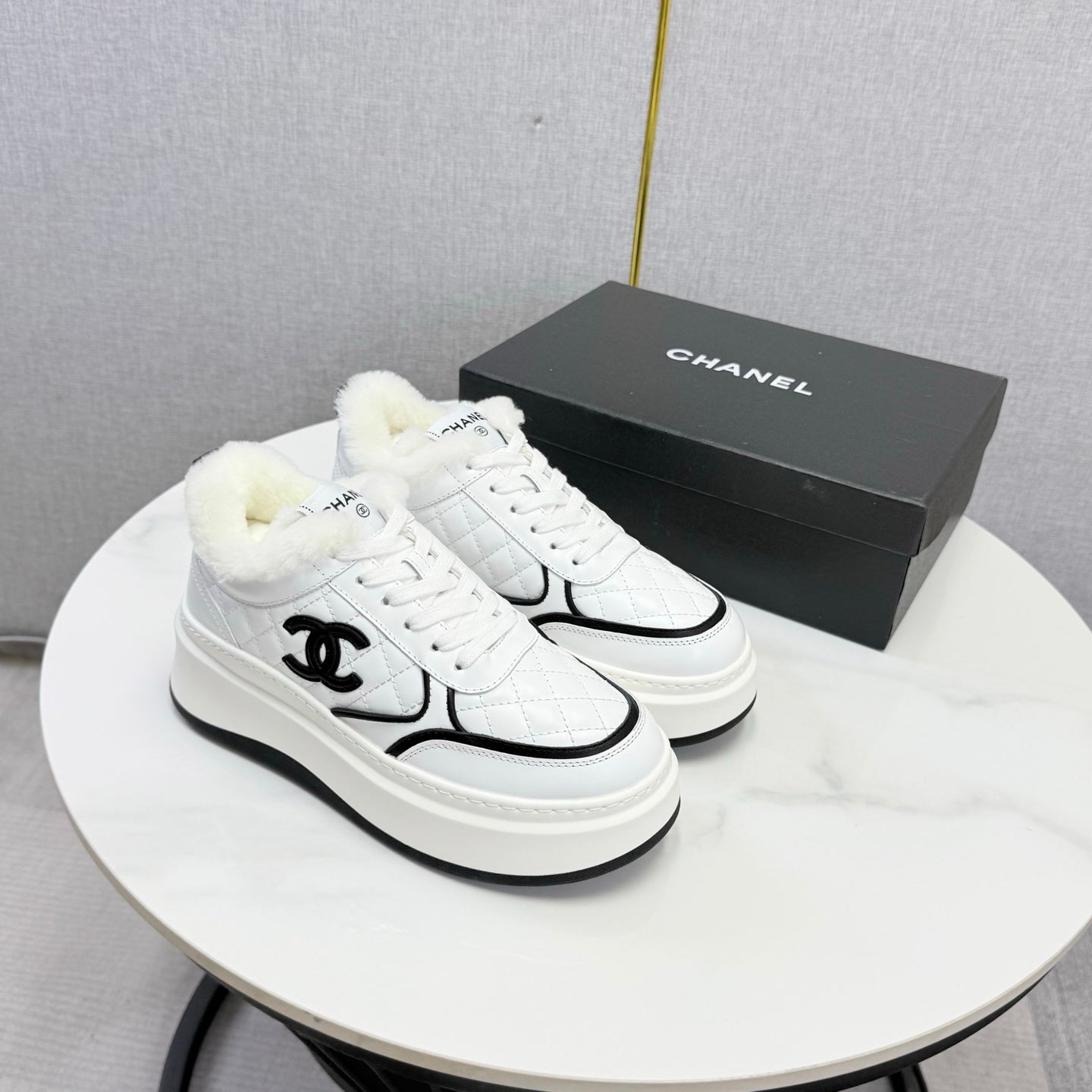 CC 26s Platform Sneakers White Quilted Calfskin Shearling 972894