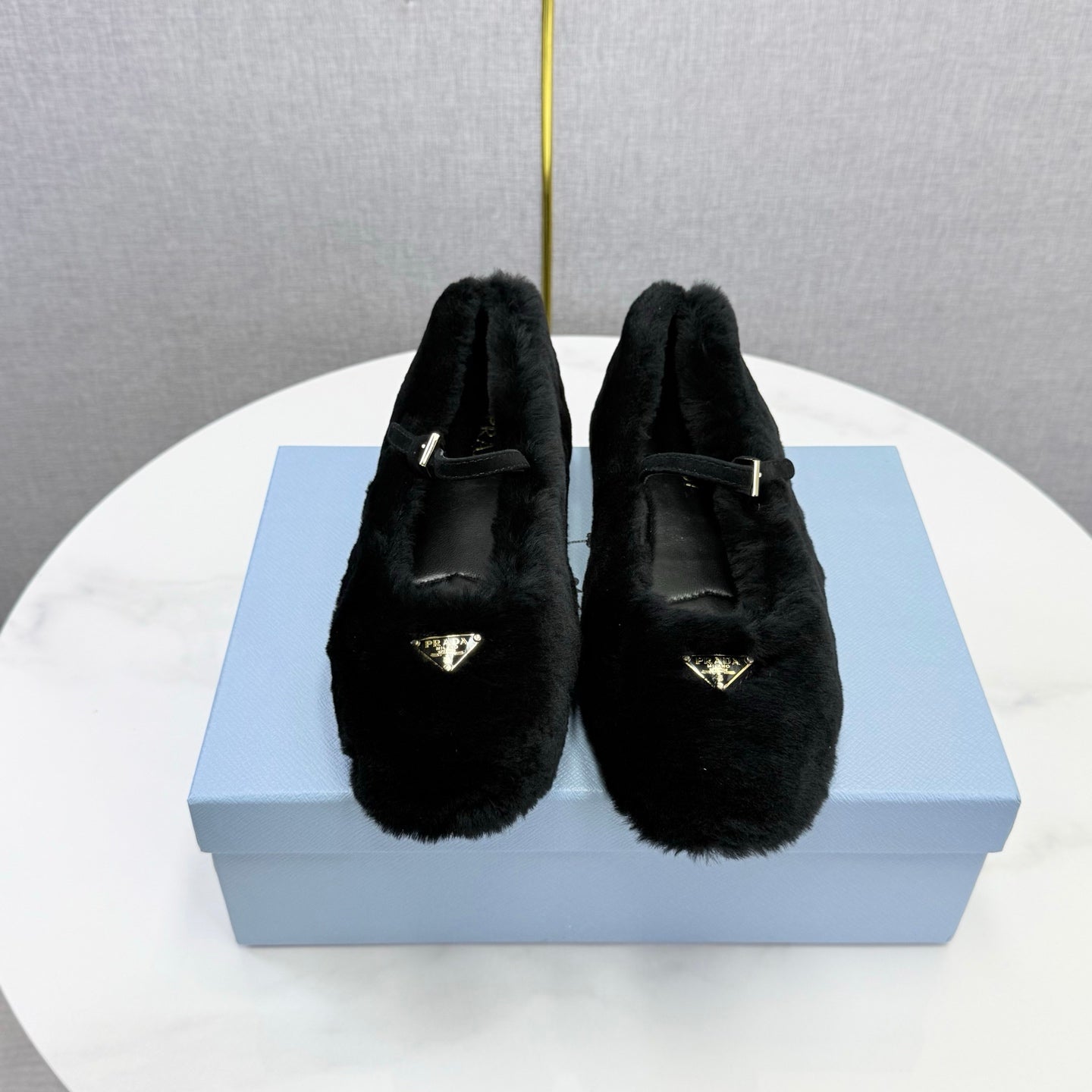 Prada 26s Ballerina Flats Strap With Buckle Black Fur 973283