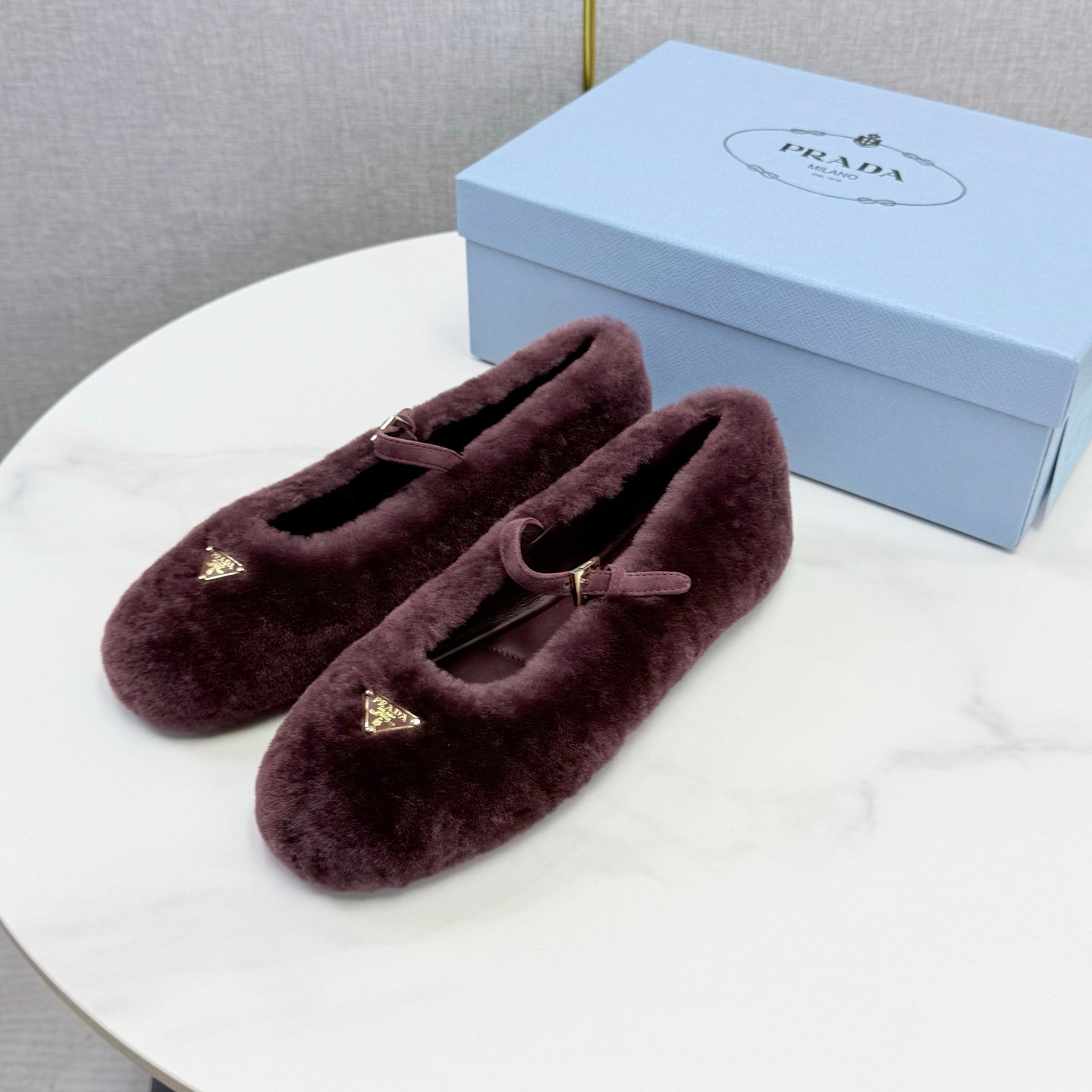 Prada 26s Ballerina Flats Strap With Buckle Burgundy Fur 973285