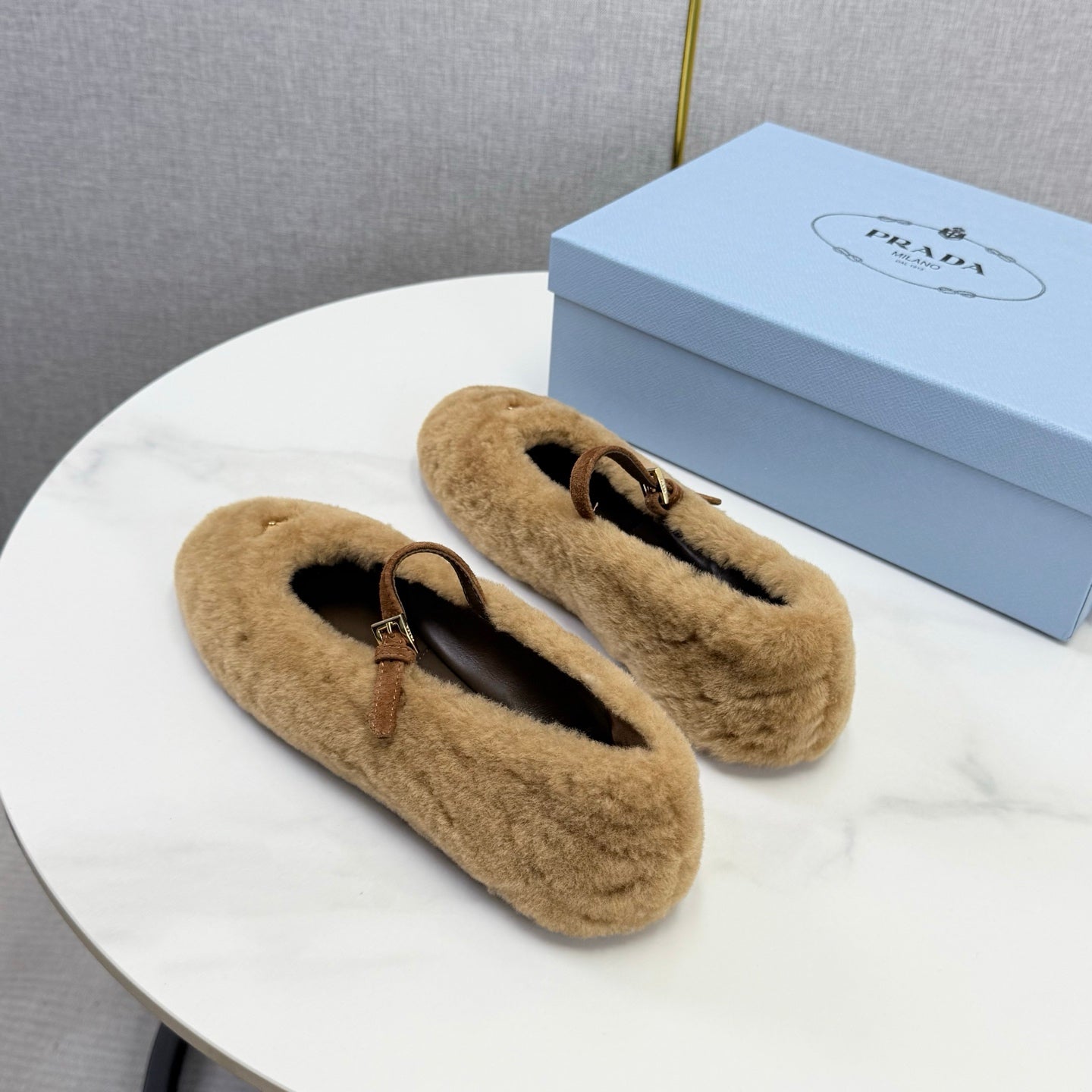 Prada 26s Ballerina Flats Strap With Buckle Khaki Fur 973288