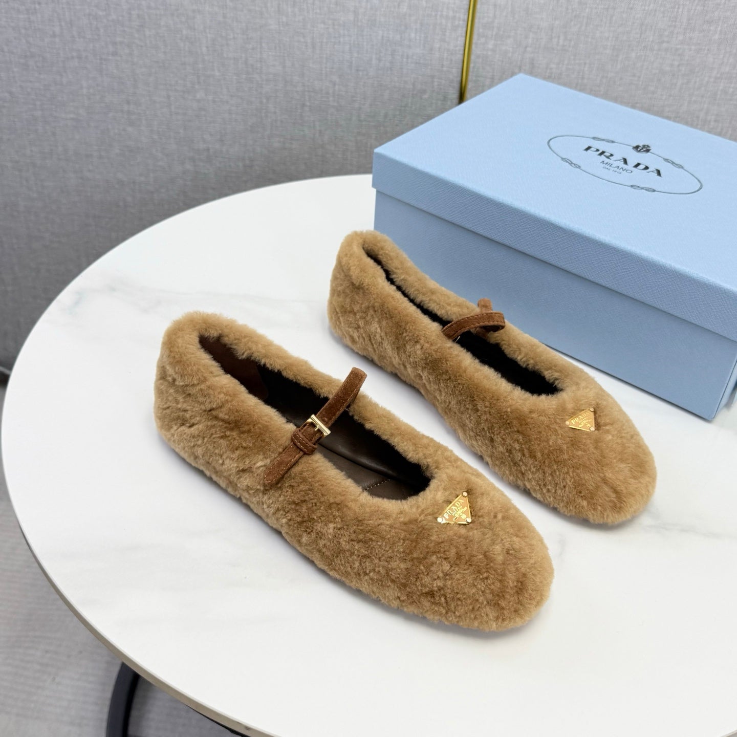 Prada 26s Ballerina Flats Strap With Buckle Khaki Fur 973288
