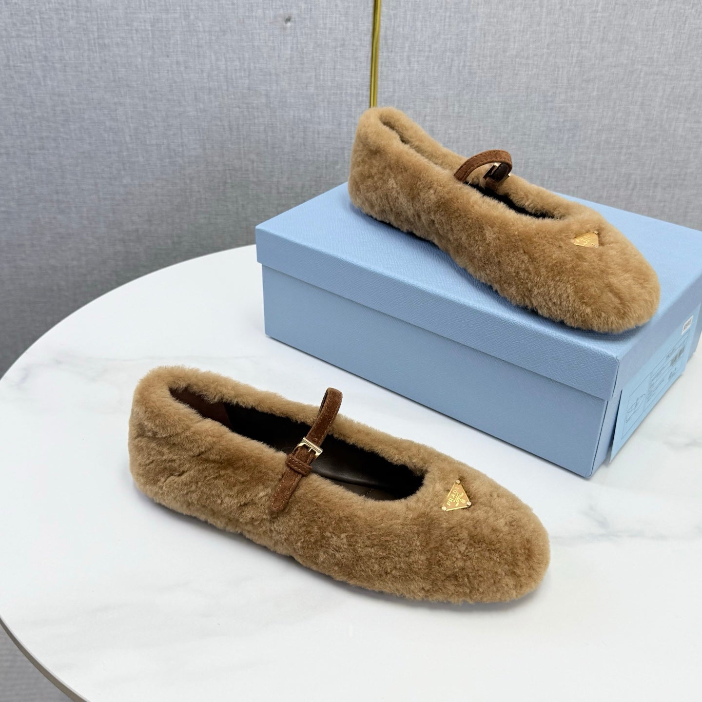 Prada 26s Ballerina Flats Strap With Buckle Khaki Fur 973288