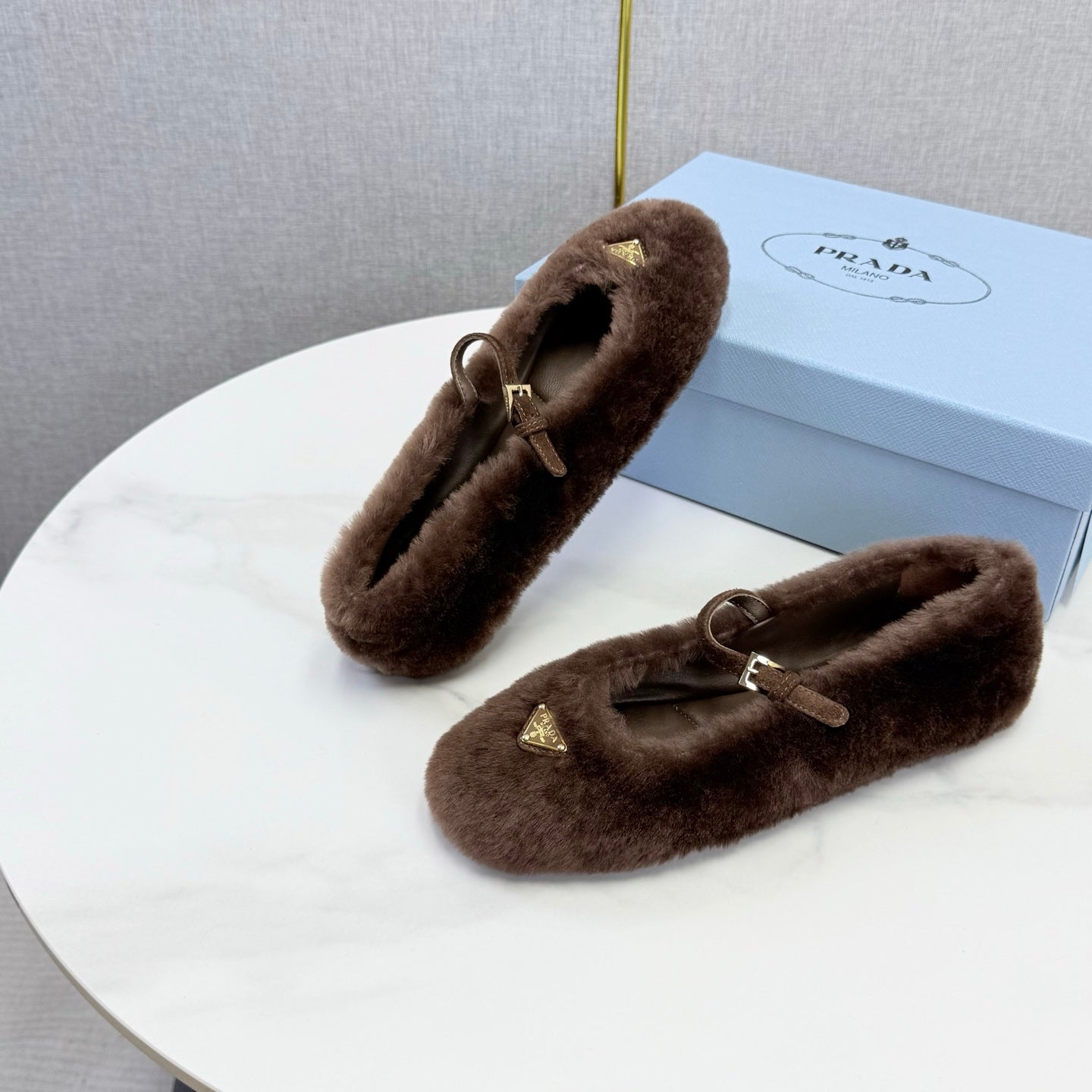 Prada 26s Ballerina Flats Strap With Buckle Brown Fur 973289