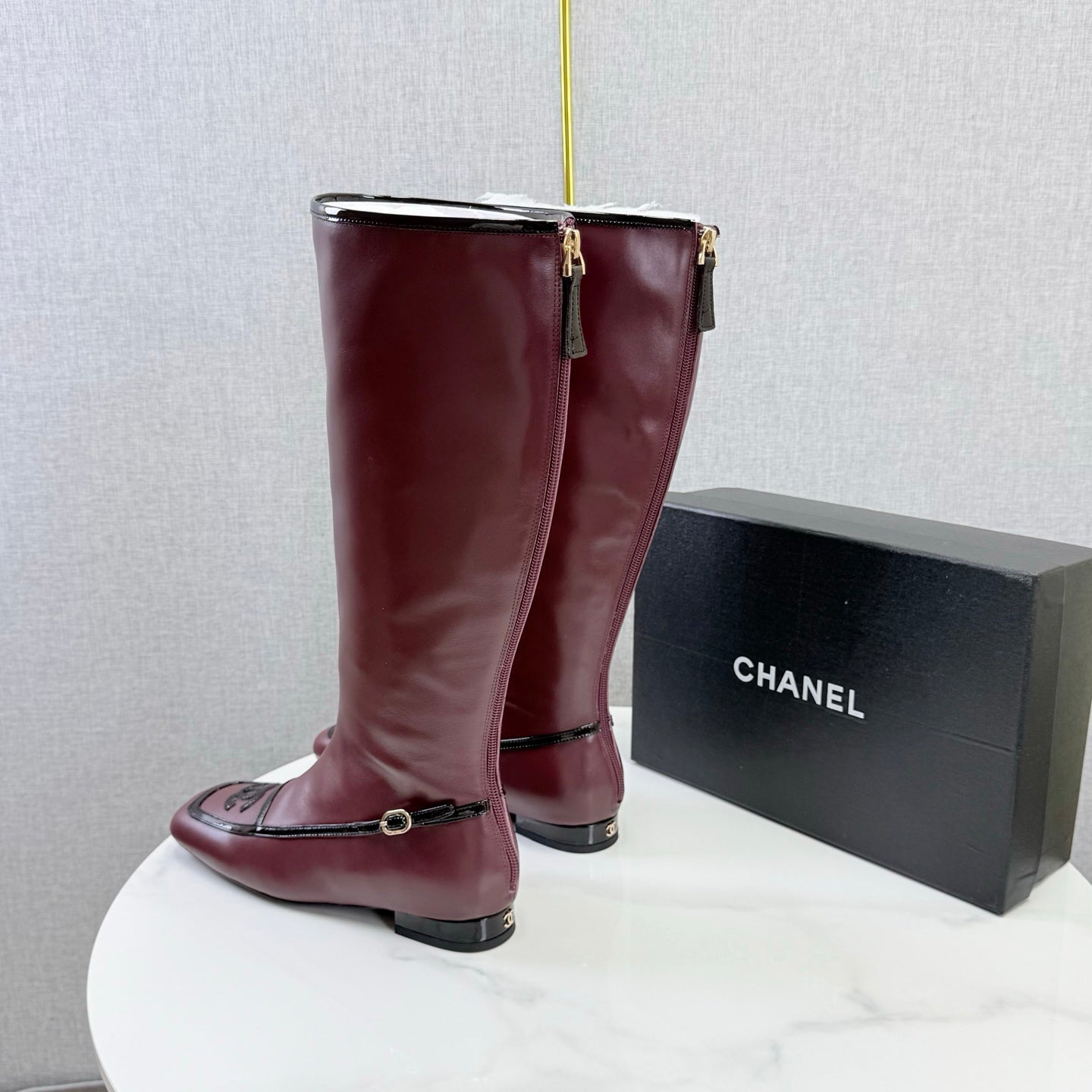 CC 26s Square Toe Low Heel Long Boots Black Burgundy Sheeepskin 972801