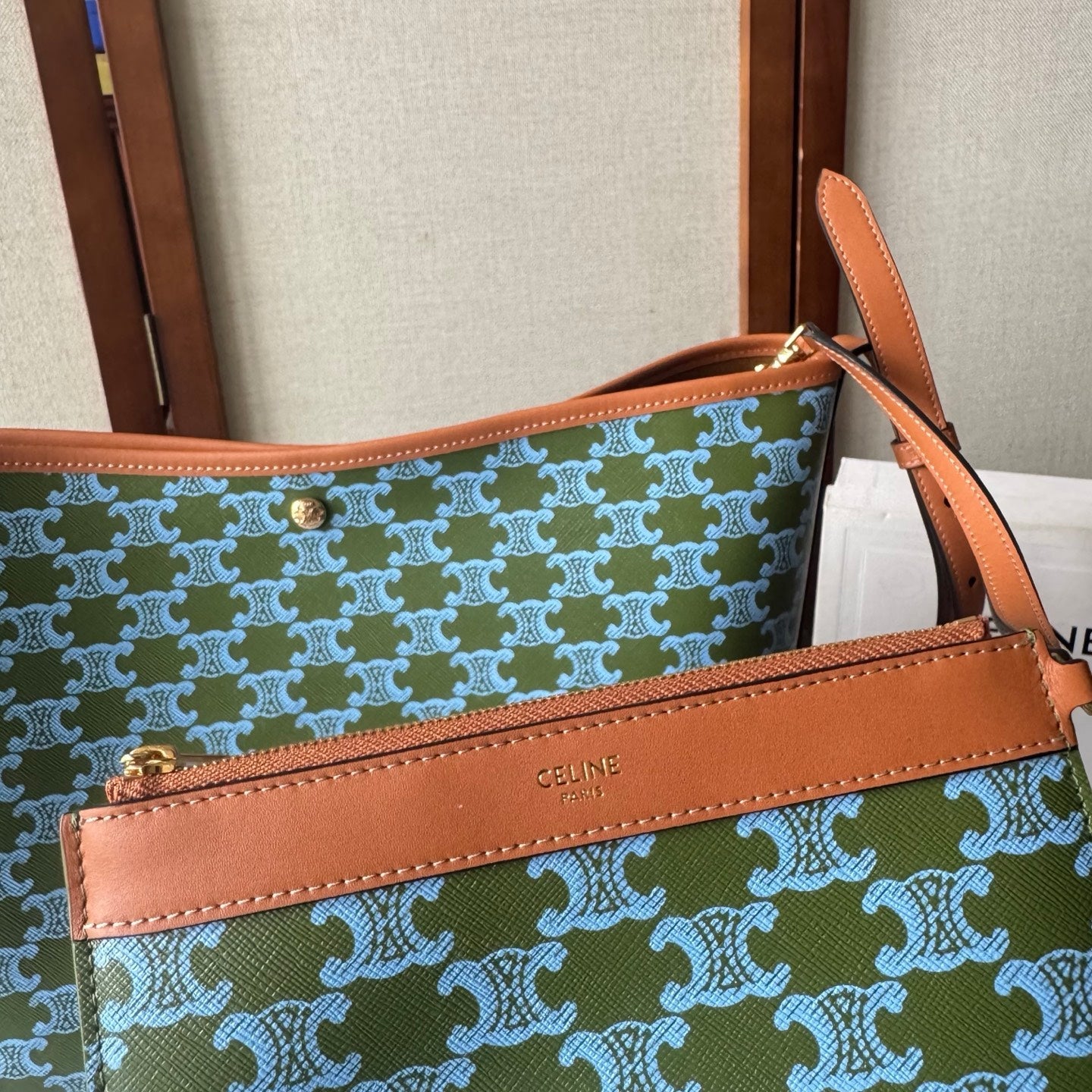 Celine Soft Shopper Bag in Triomphe Brown Green Blue Canvas and Calfskin