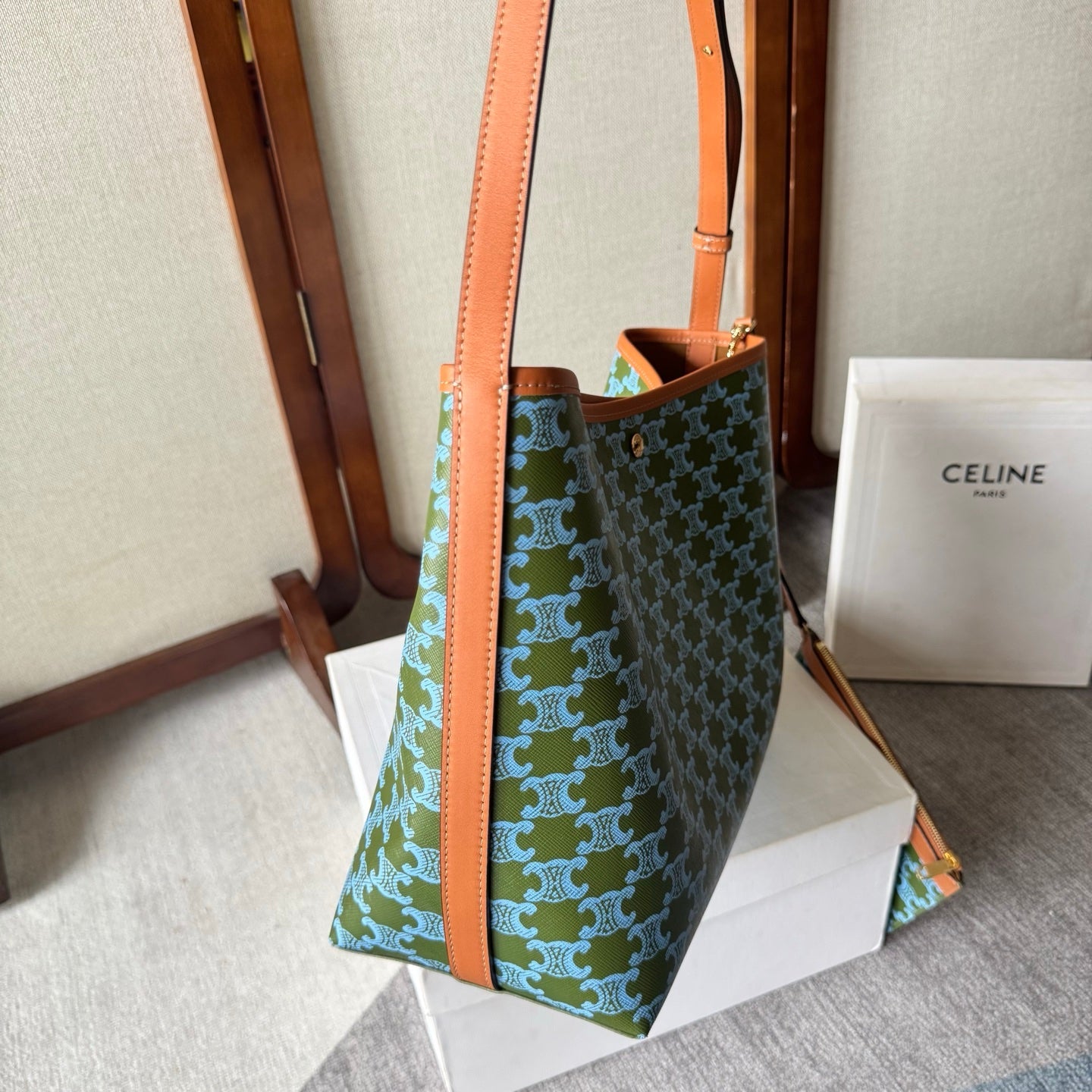 Celine Soft Shopper Bag in Triomphe Brown Green Blue Canvas and Calfskin