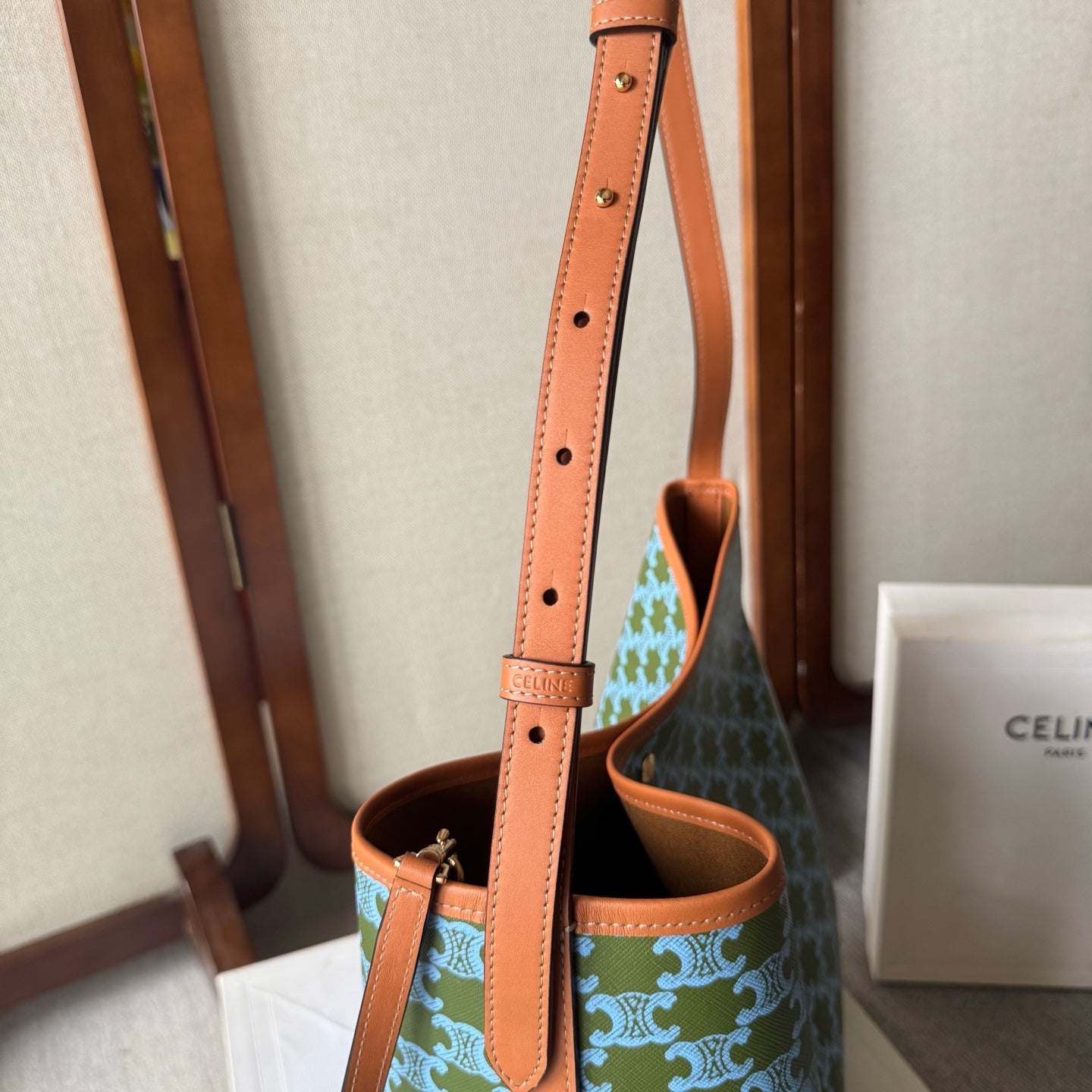 Celine Soft Shopper Bag in Triomphe Brown Green Blue Canvas and Calfskin