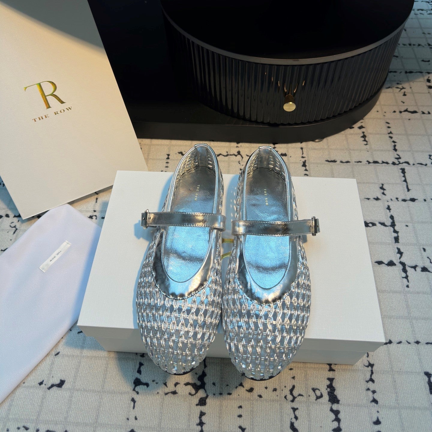 The Row Mary Jane Flat Silver Metallic Mesh Cowhide 334497