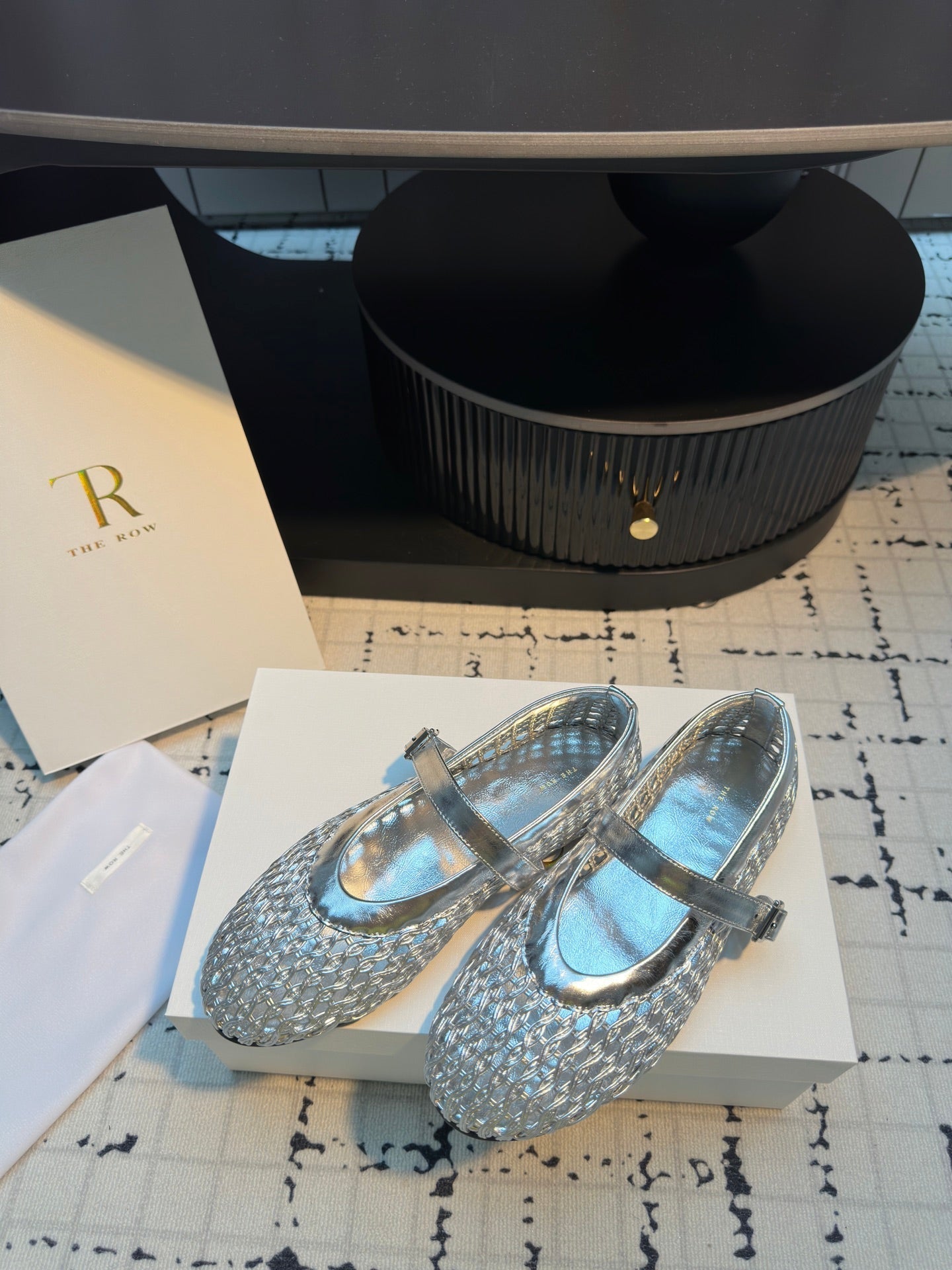 The Row Mary Jane Flat Silver Metallic Mesh Cowhide 334497