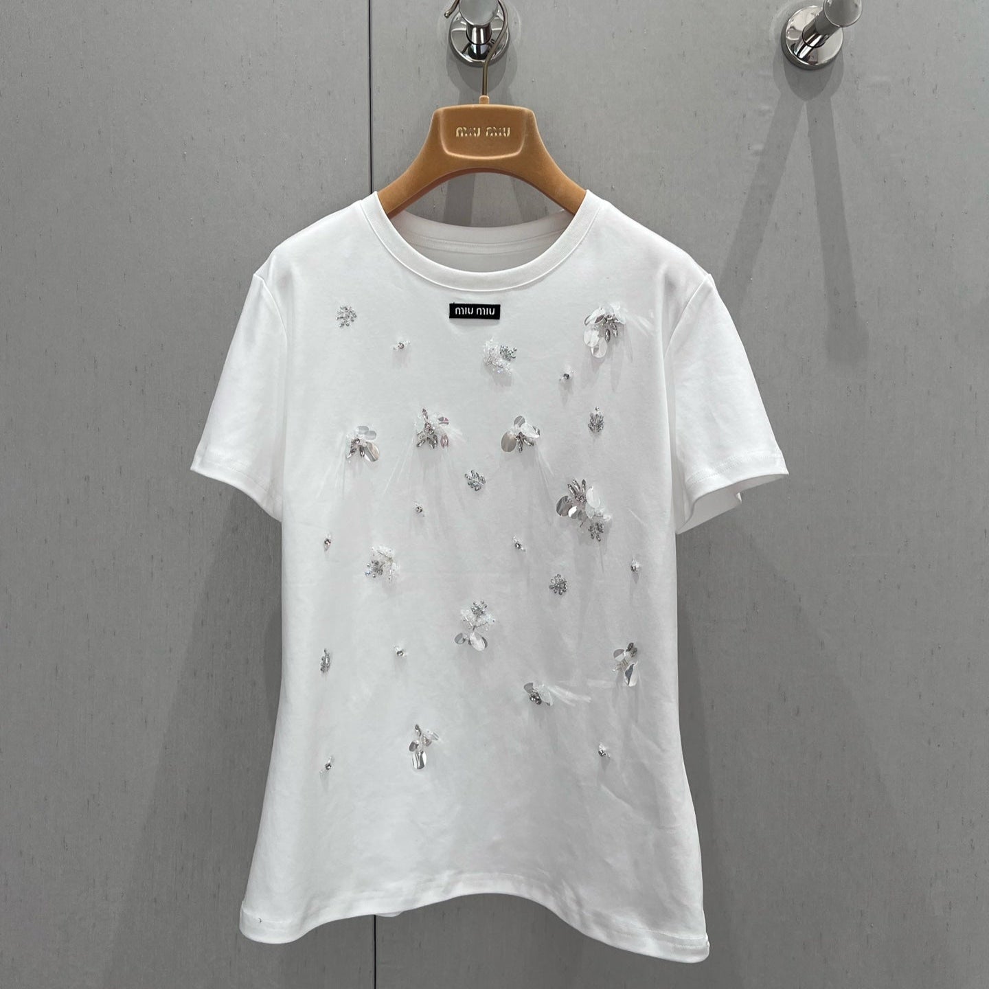 Miu Miu 25 beaded sequined flower short-sleeved T-shirt White Cotton 210497