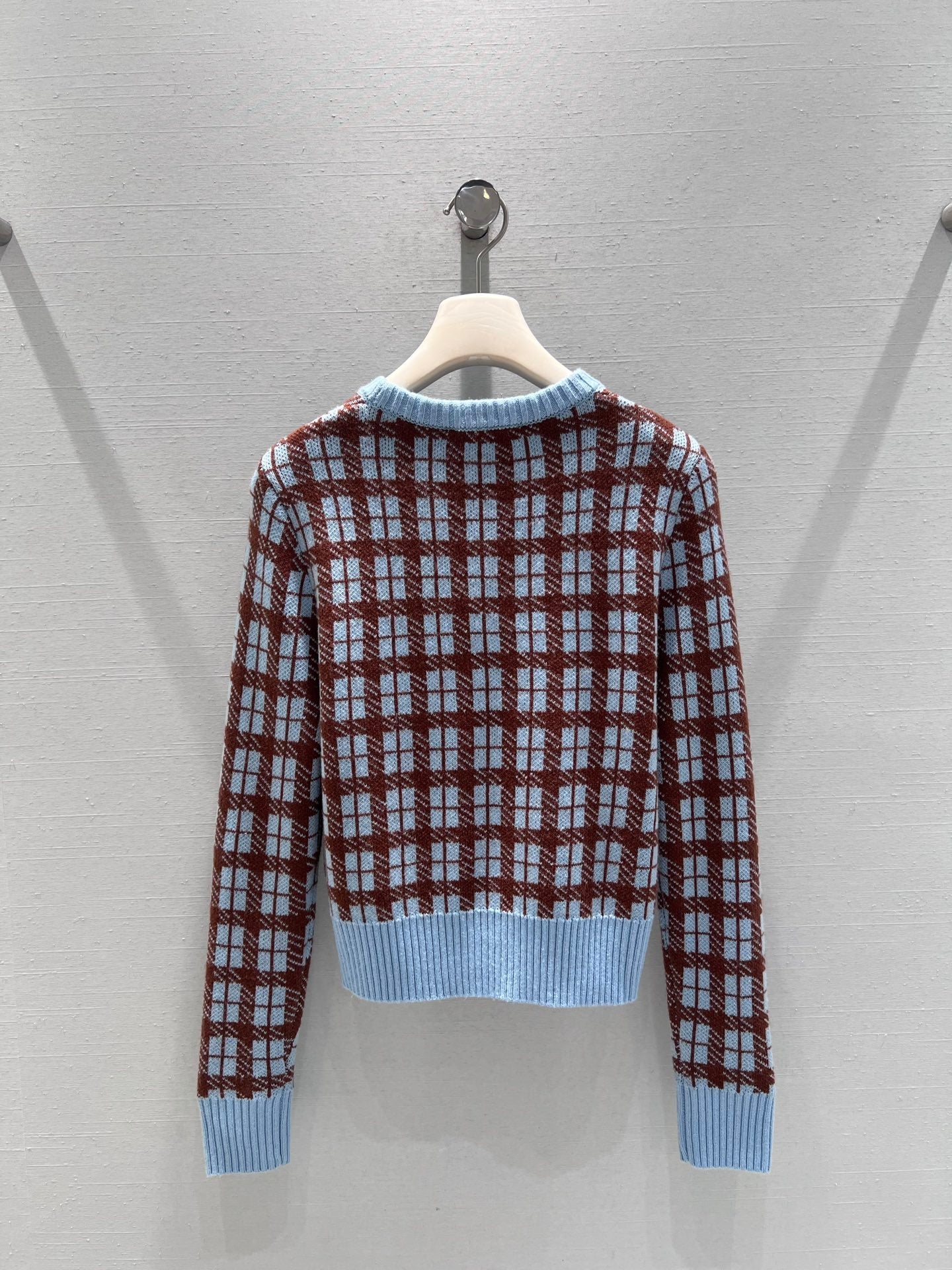 CD Retro Plaid Bow Sweater Brown Light Blue Wool 343978