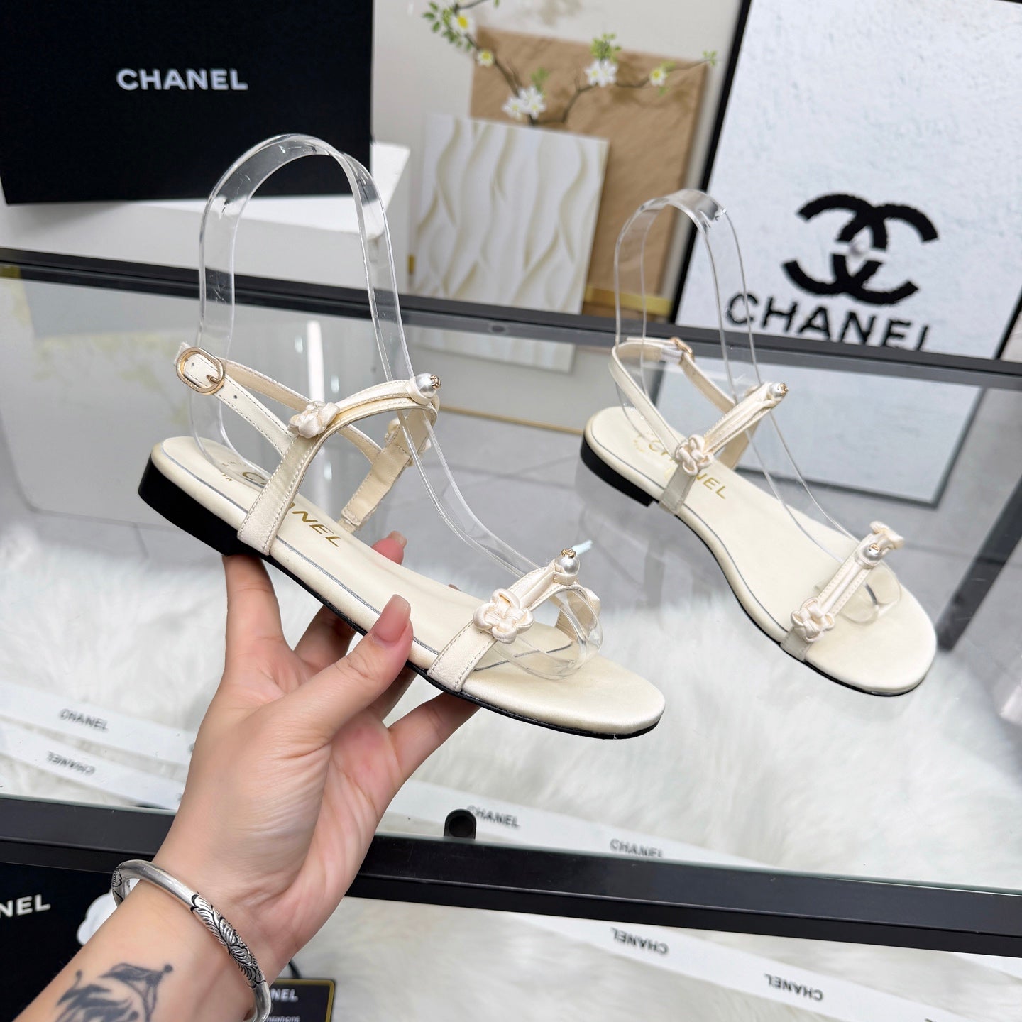 CC 2026 Pearl Sandal White Satin Leather 692019