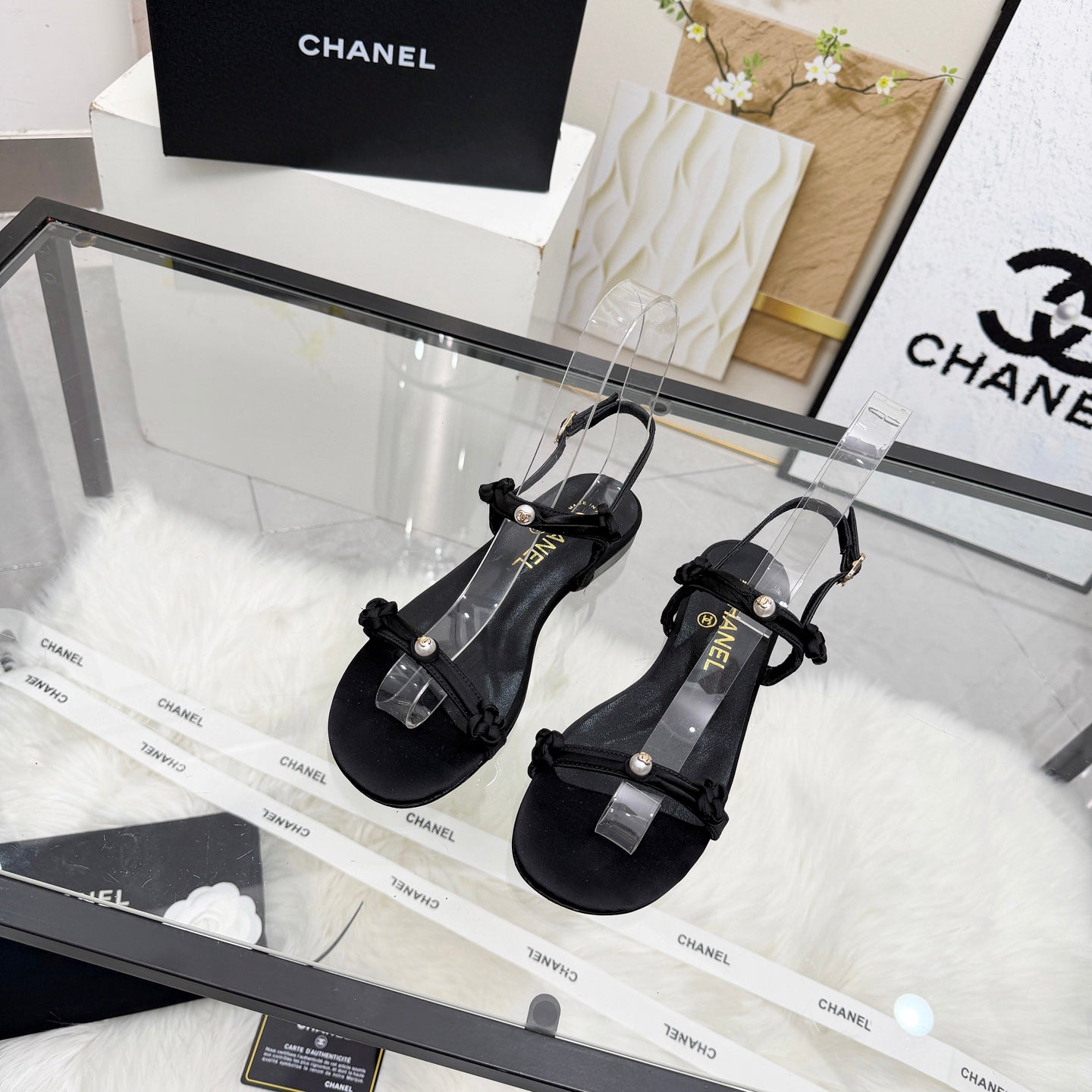 CC 2026 Pearl Sandal Black Satin Leather 692022