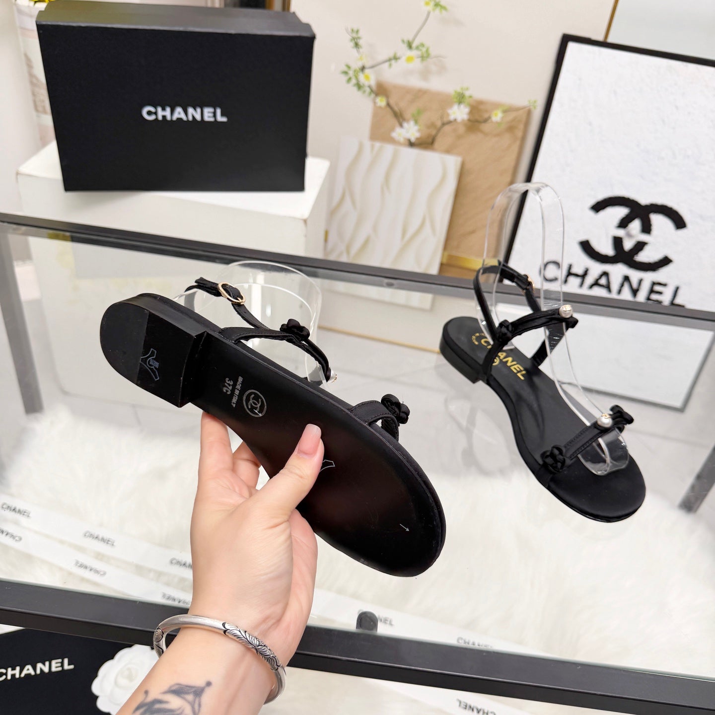 CC 2026 Pearl Sandal Black Satin Leather 692022