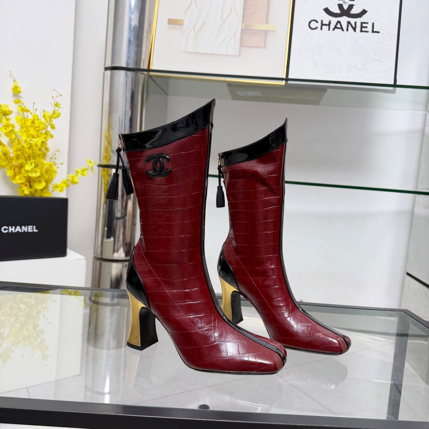 CC 26 FW Ankle Boots 8.5cm Burgundy Crocodile-Embossed Leather 919939