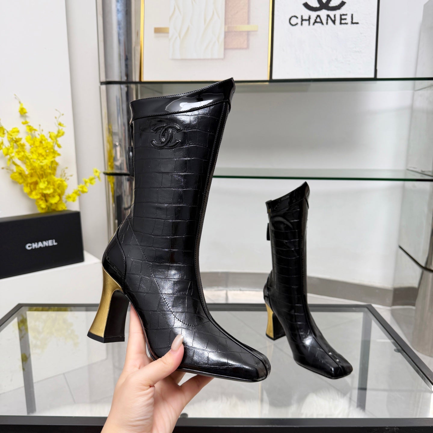 CC 26 FW Ankle Boots 8.5cm Black Crocodile-Embossed Leather 919941