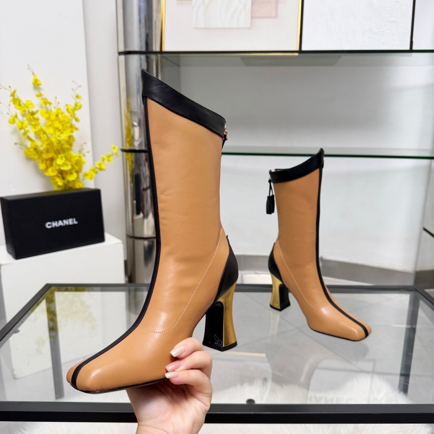 CC 26 FW Ankle Boots 8.5cm Black Brown Sheepskin 919943
