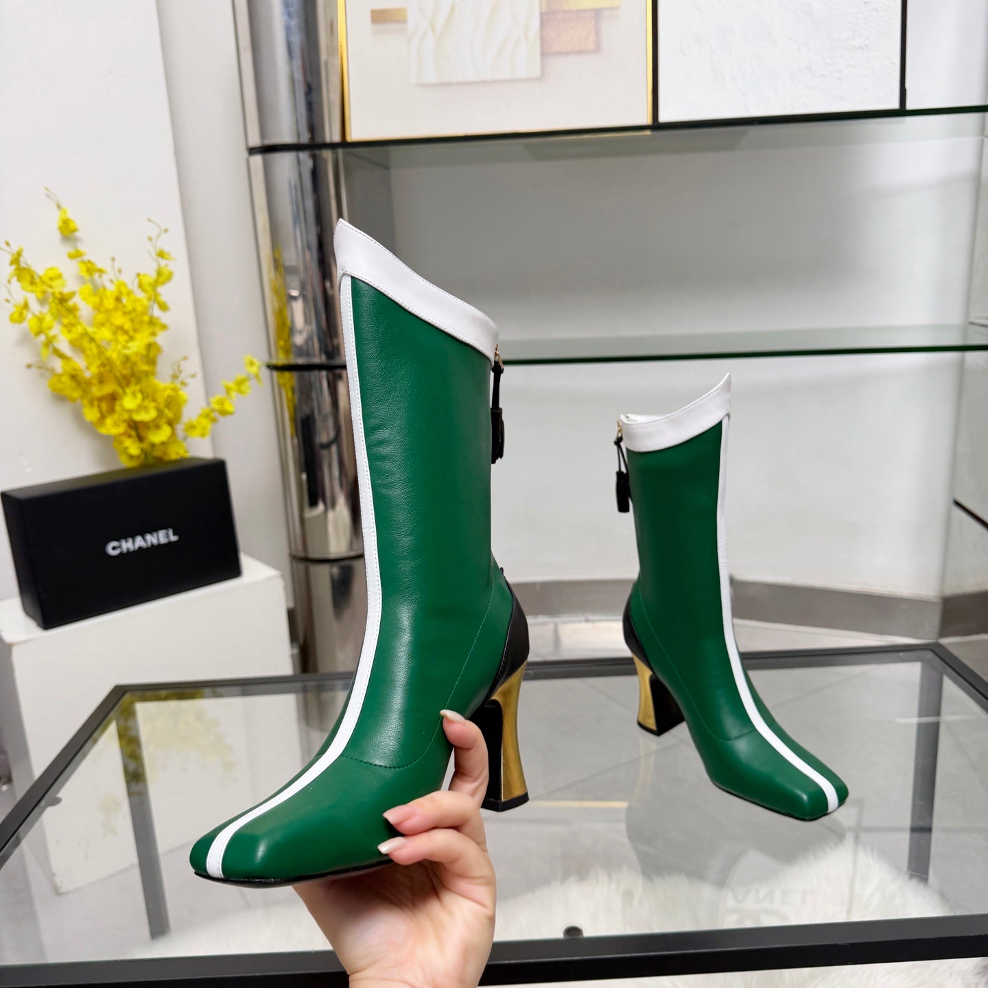 CC 26 FW Ankle Boots 8.5cm Green White Sheepskin 919944