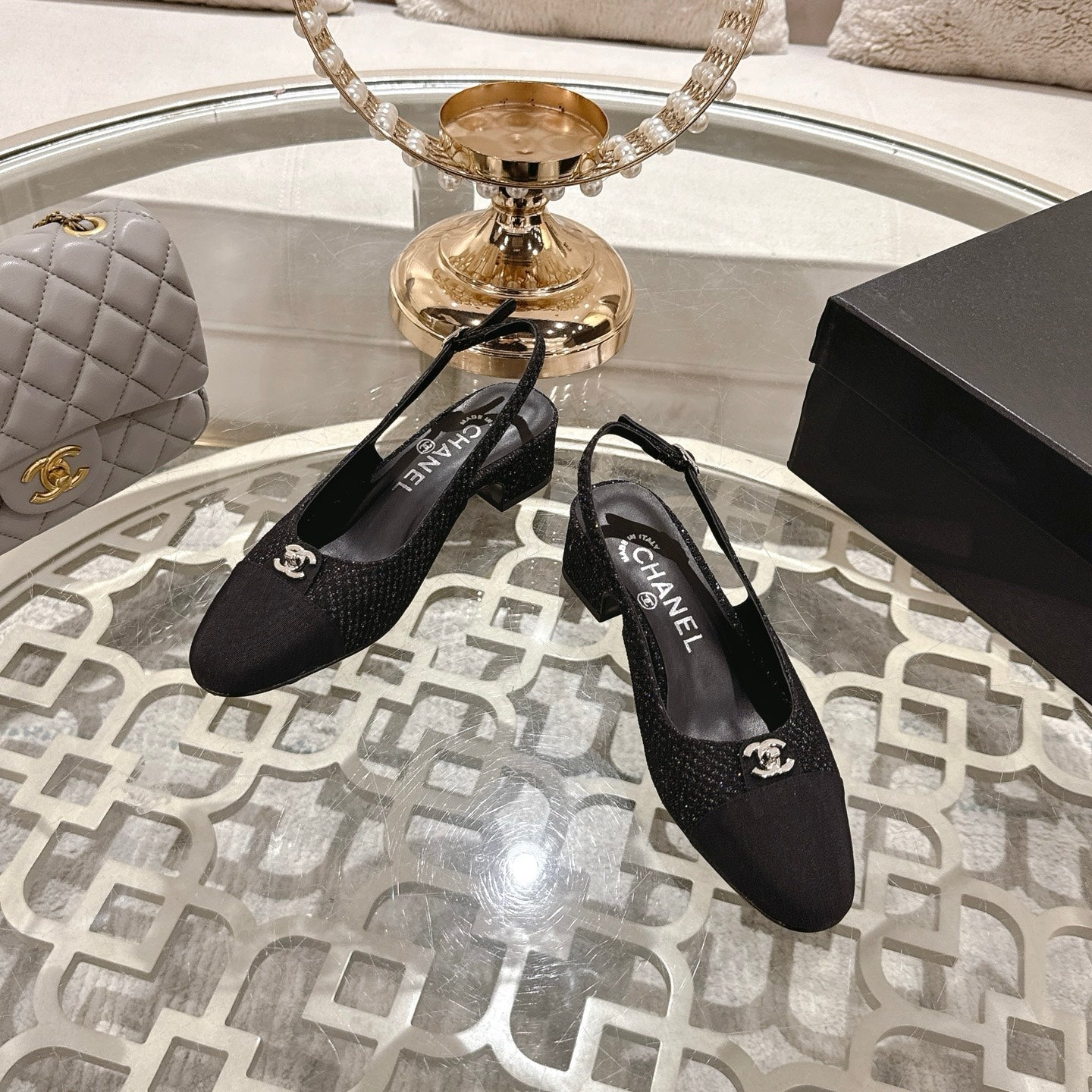 CC 25ss Slingbacks Black 35mm Glitter Fabric & Grosgrain 432609