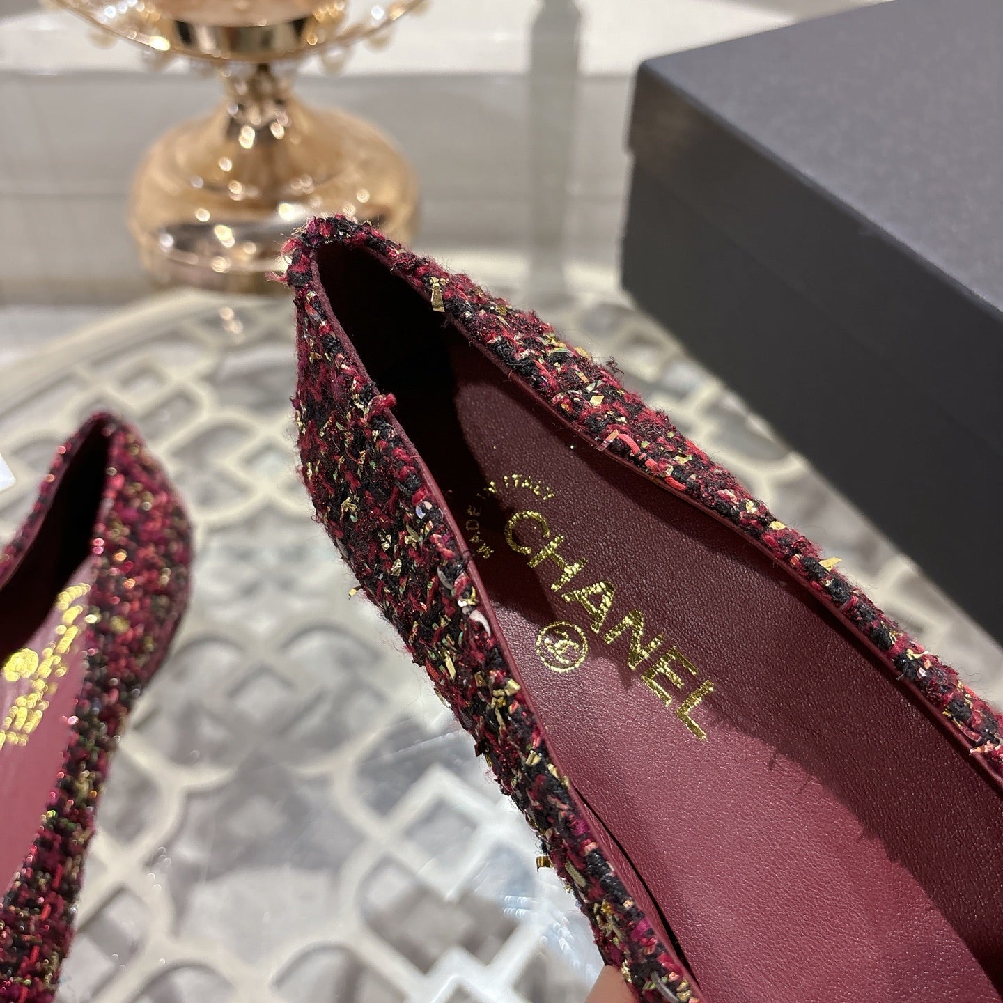 CC 26s Camellia Ballet Flat Burgundy Leather Tweed 736497