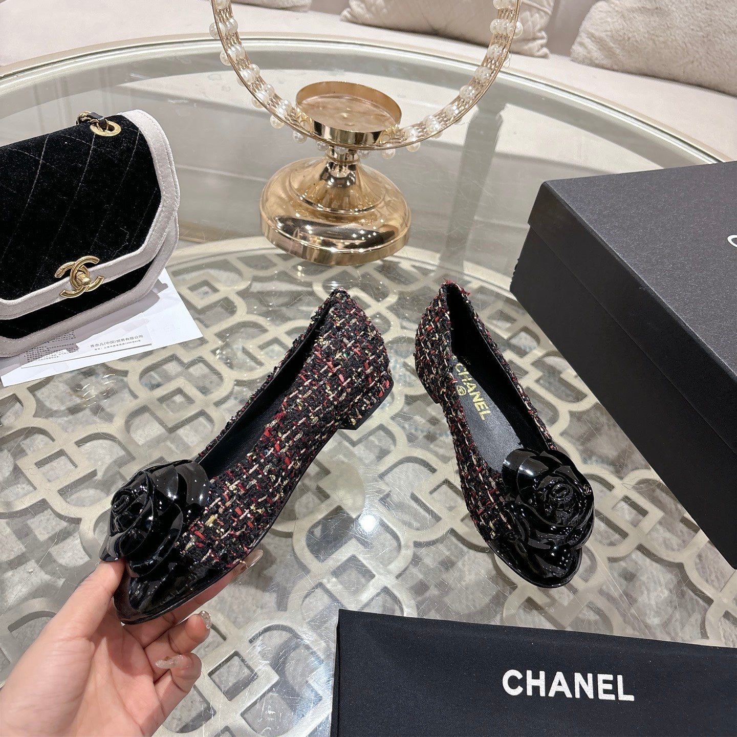 CC 26s Camellia Ballet Flat Black Colorful Leather Tweed 736498