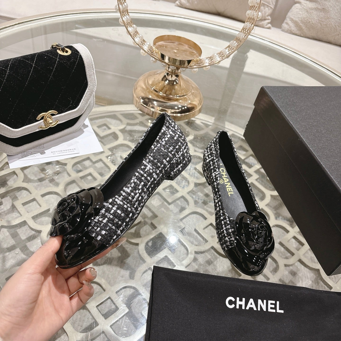 CC 26s Camellia Ballet Flat Black Leather Tweed 736499