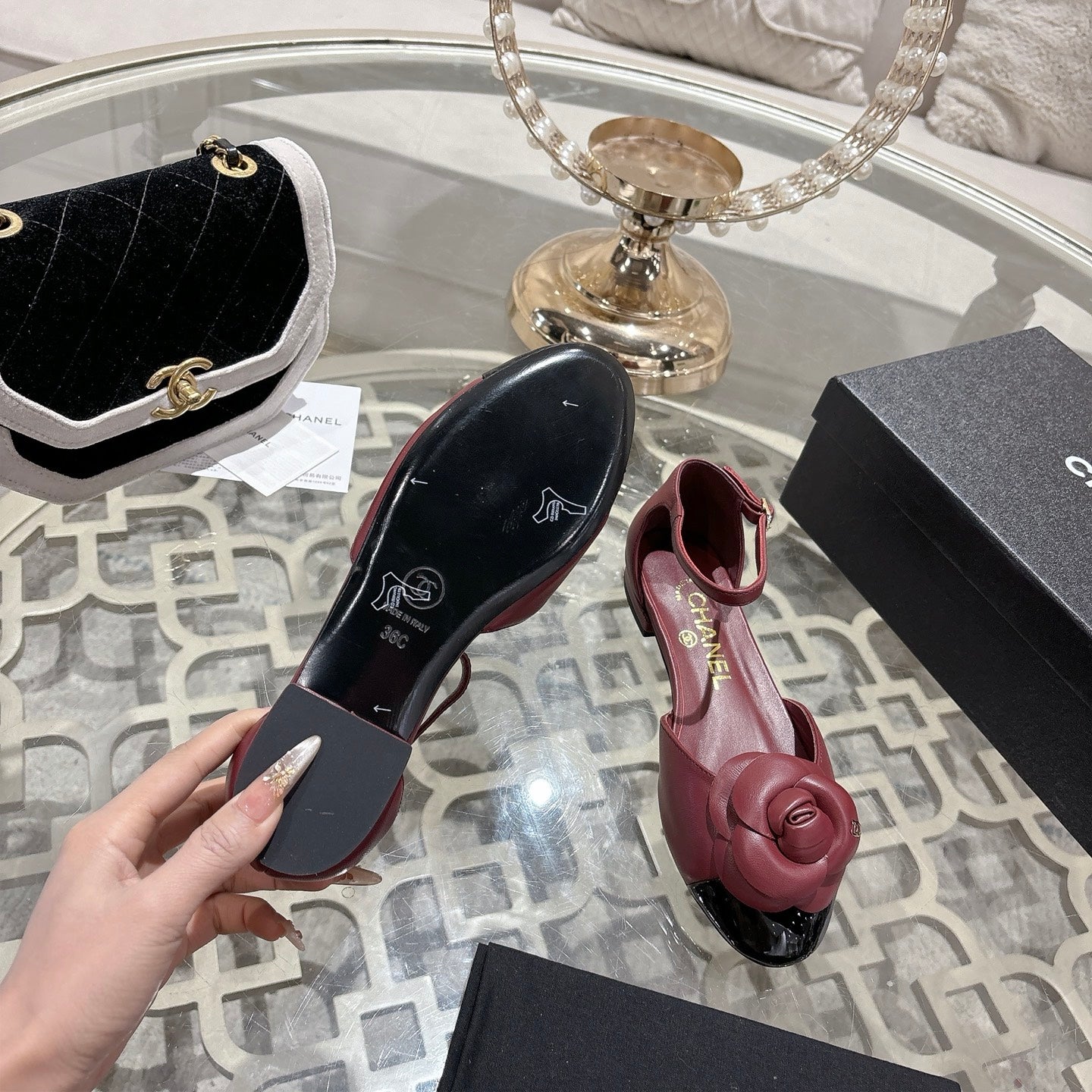 CC 26s Camellia Hollow Sandals Burgundy Sheepskin 736526