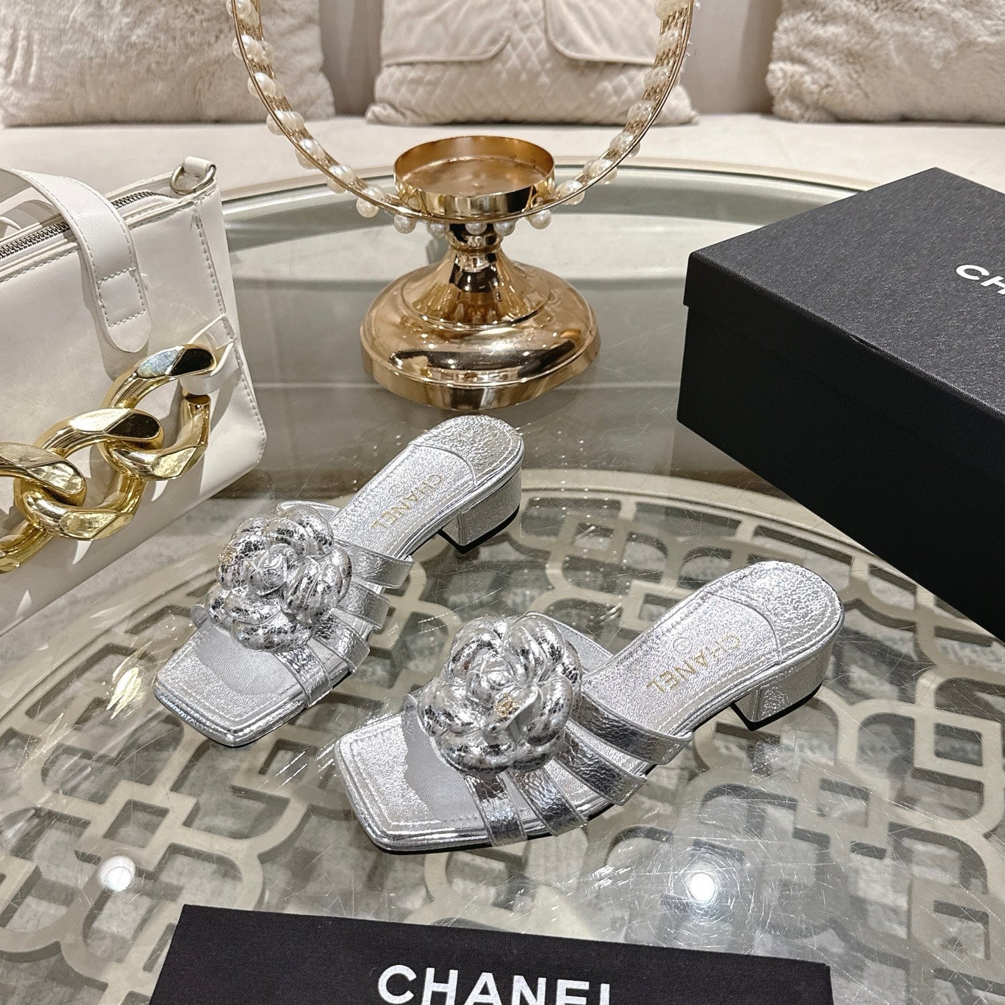 CC 26s Double-C Camellia Slippers Sliver Sheepskin 736388