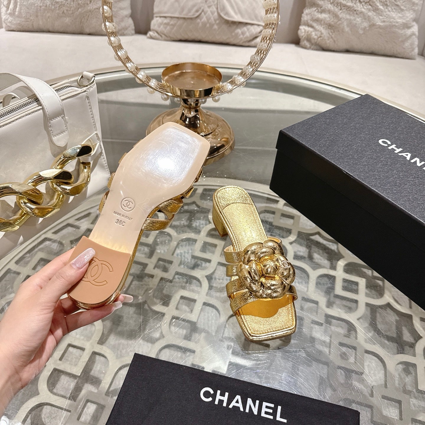 CC 26s Double-C Camellia Slippers Gold Sheepskin 736389