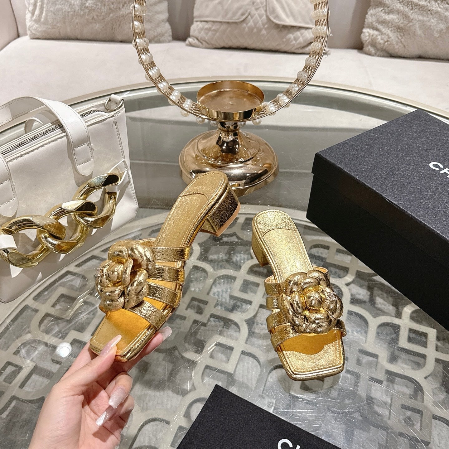 CC 26s Double-C Camellia Slippers Gold Sheepskin 736389