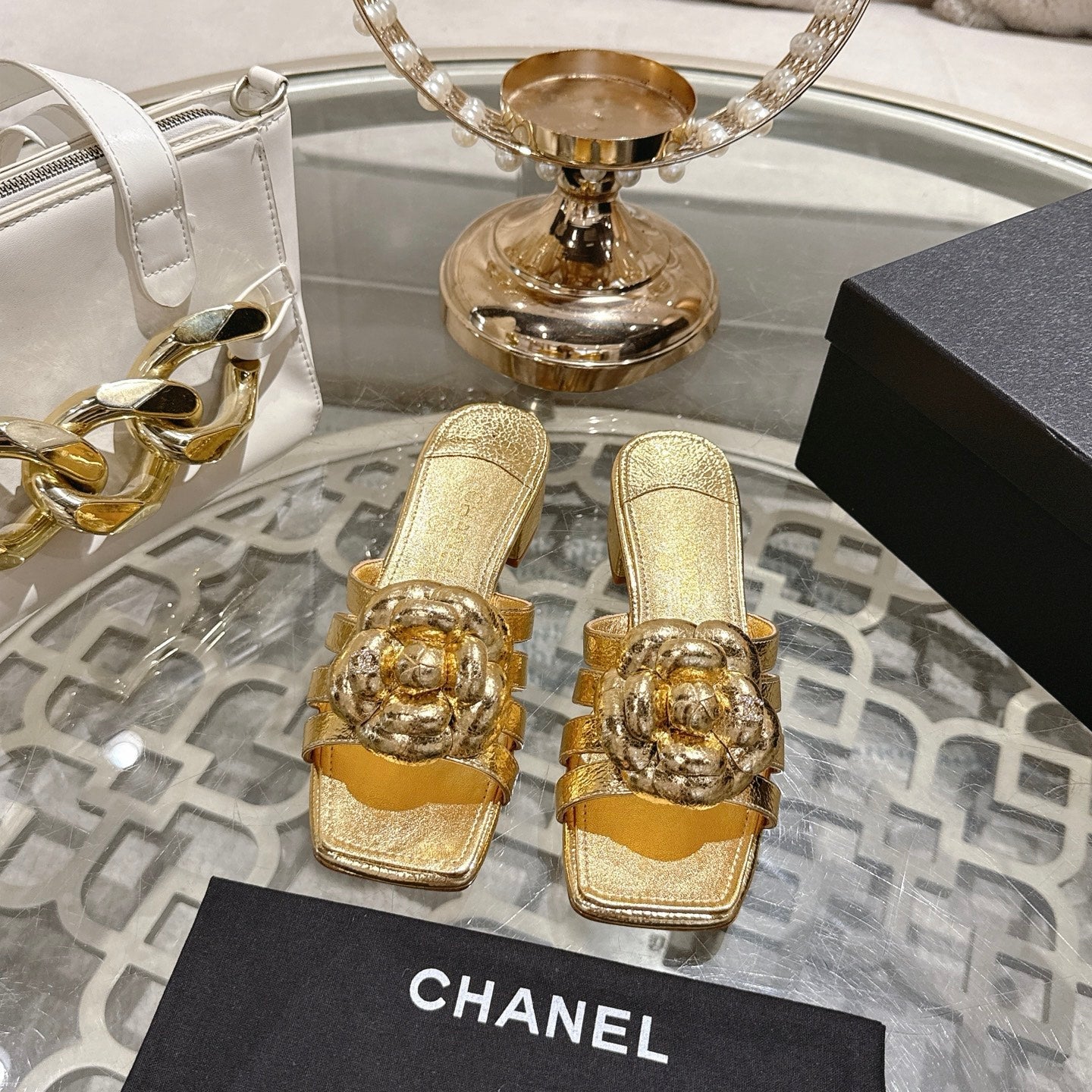 CC 26s Double-C Camellia Slippers Gold Sheepskin 736389
