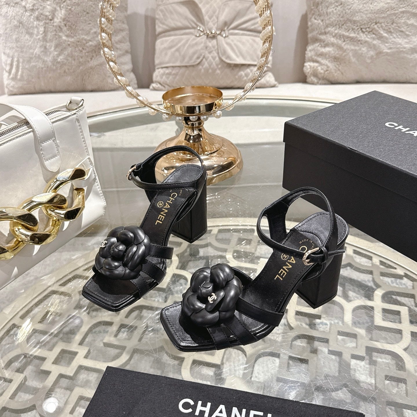 CC Camellia Flower Block Heel Sandals Black Sheepskin 735986