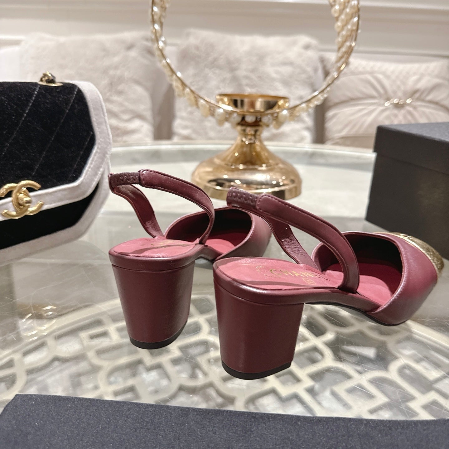 CC 26s Square-Toe High-Heeled Slingbacks 6cm Burgundy Gold Leather 736098