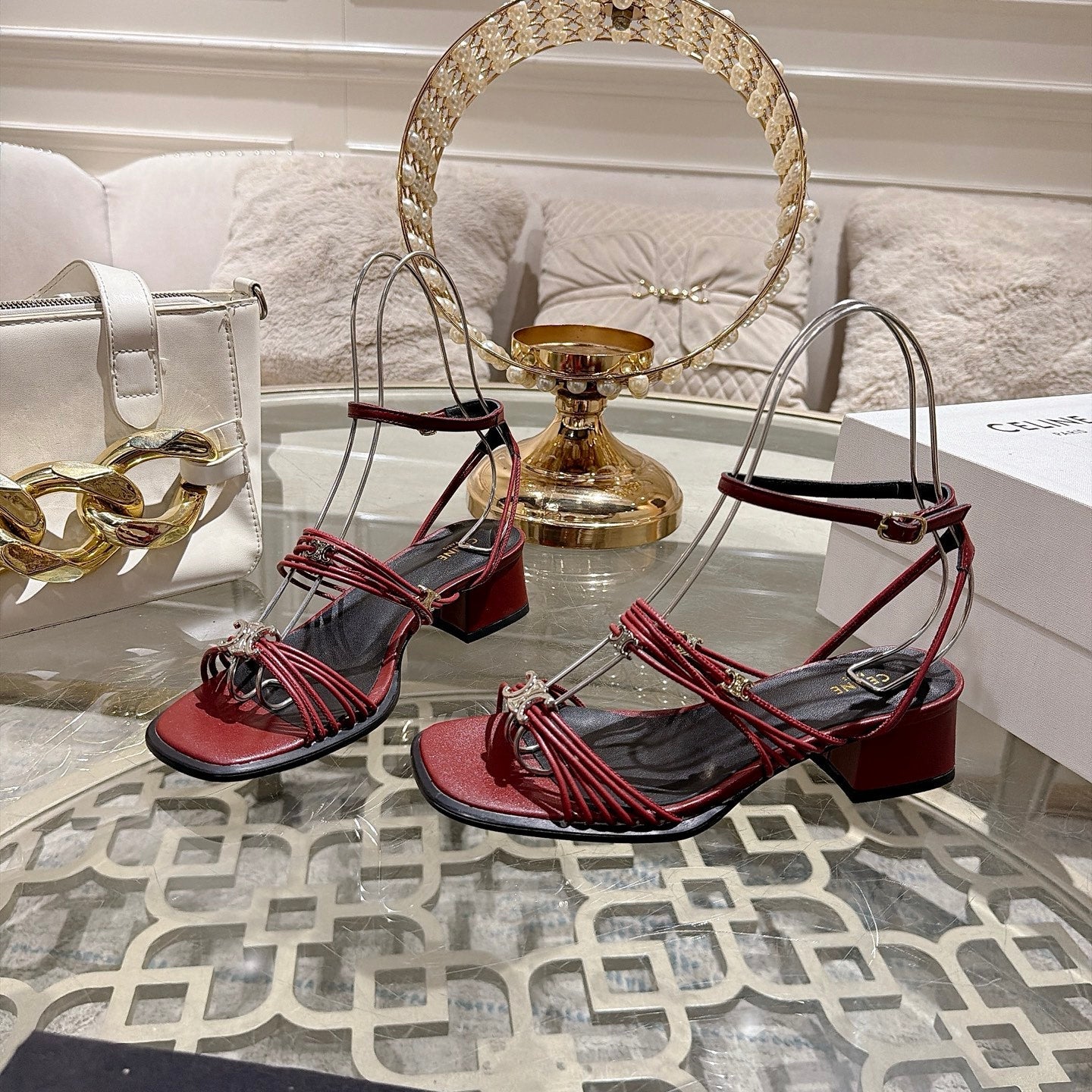Celine Clémence Heeled Sandal 4cm Burgundy Sheepskin 941496