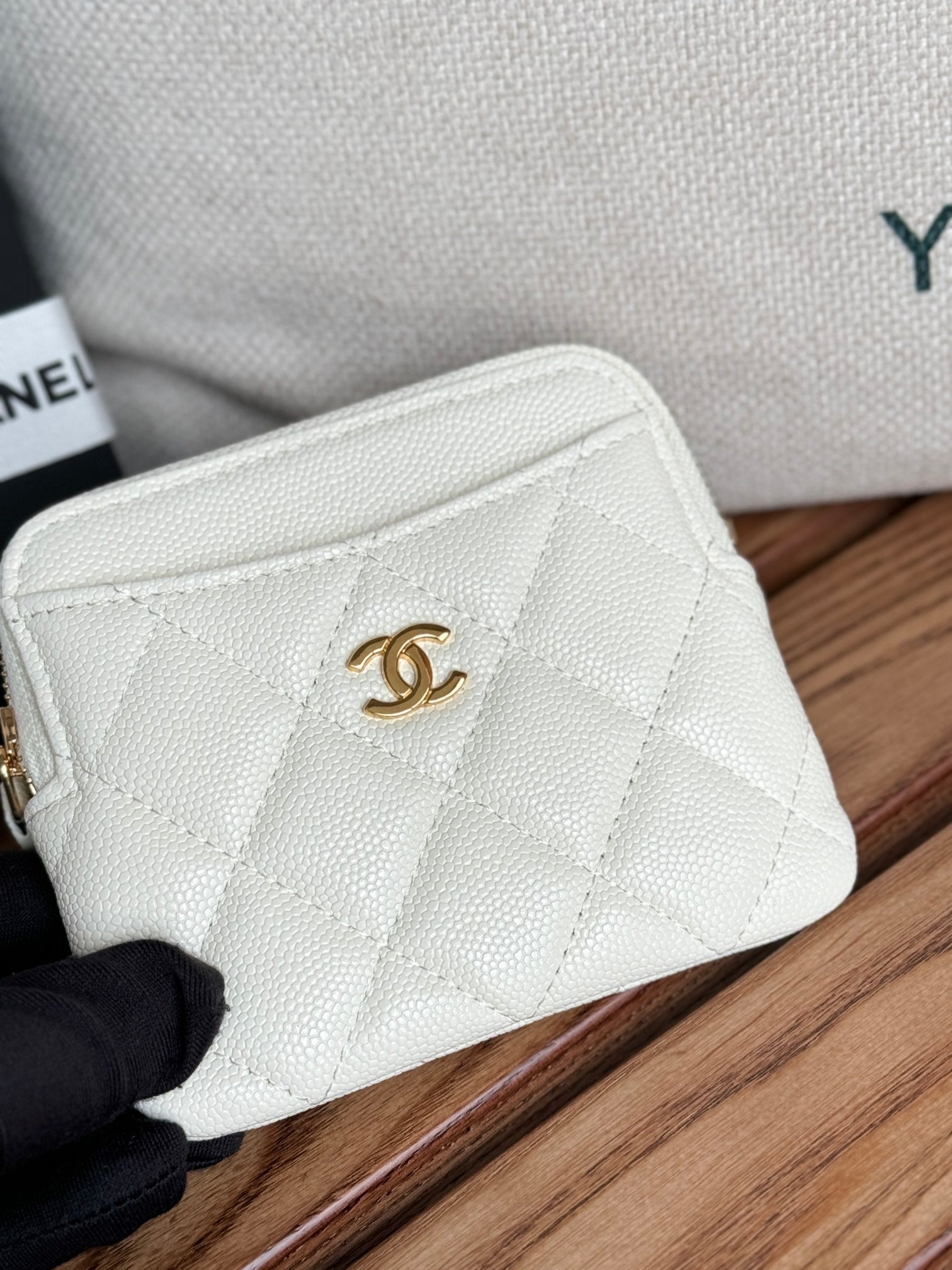 CC Zip Card Holder Wallet White Gold Metal Caviar 240607