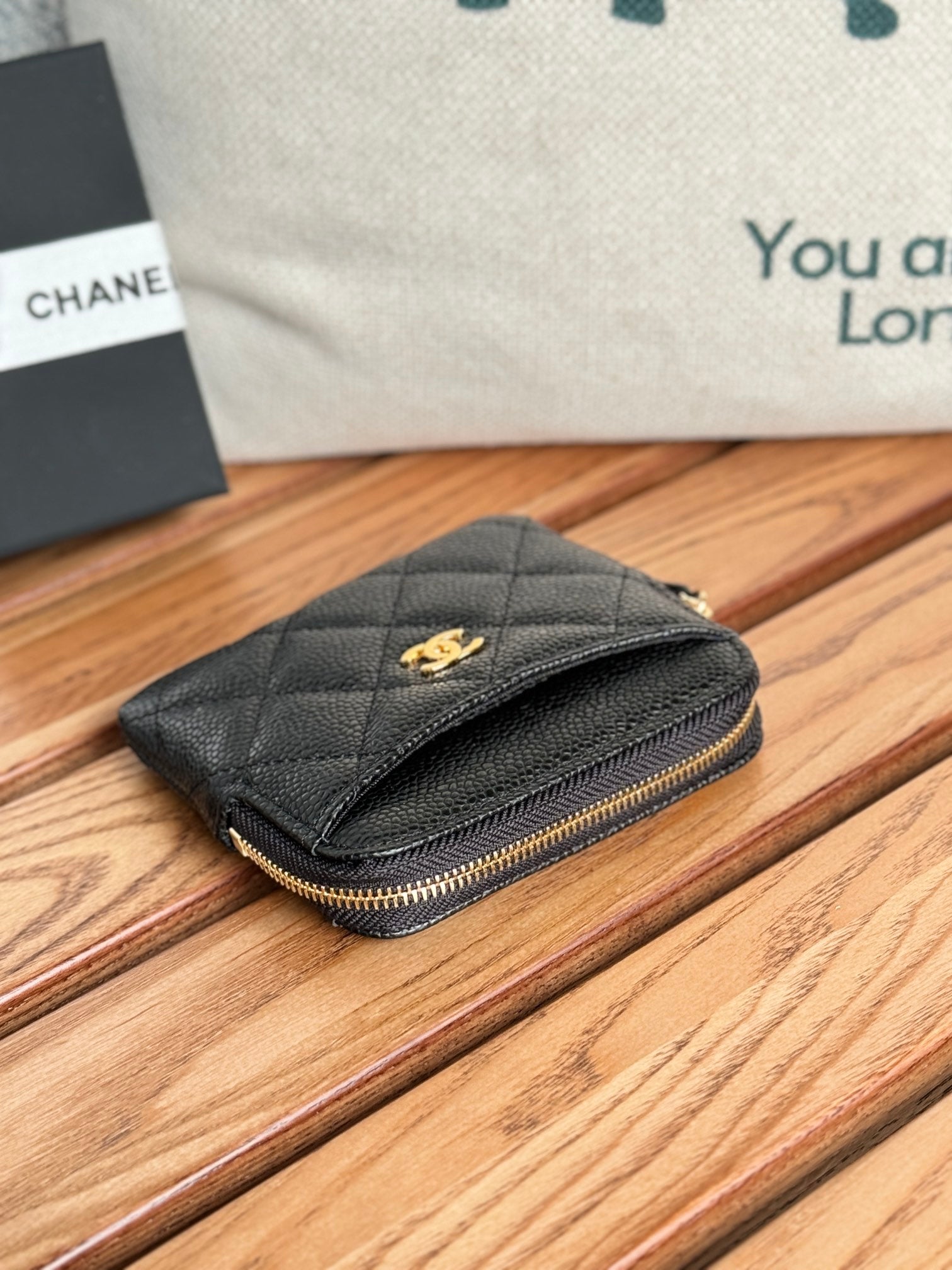 CC Zip Card Holder Wallet Black Gold Metal Caviar 240620