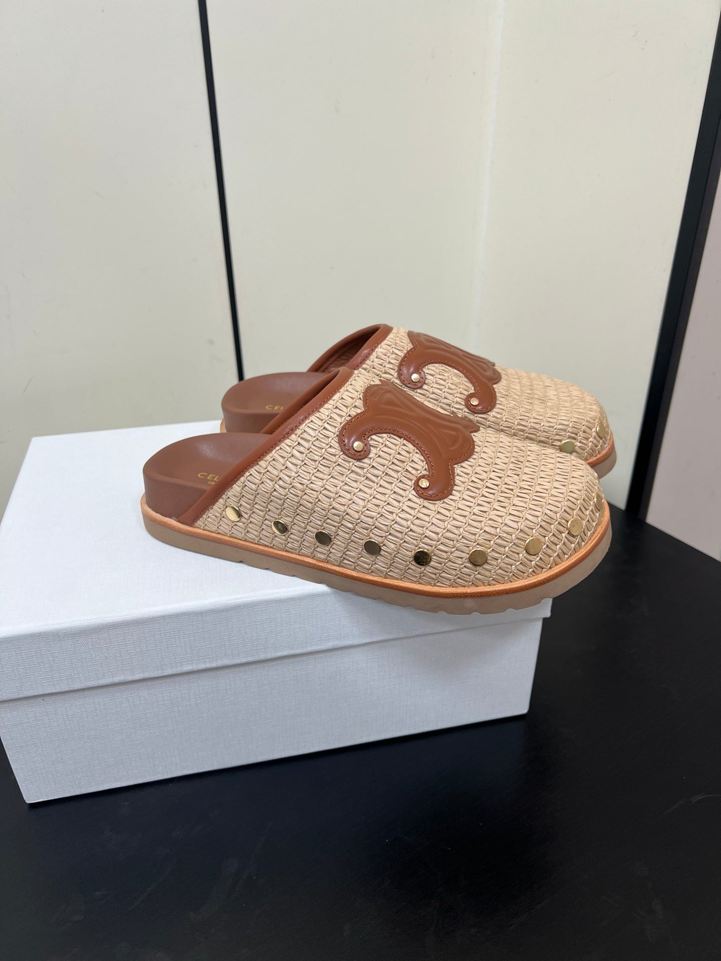 Celine 25 Straw Rivet Birkenstock Slippers Beige Brown Raffia woven Sheepskin