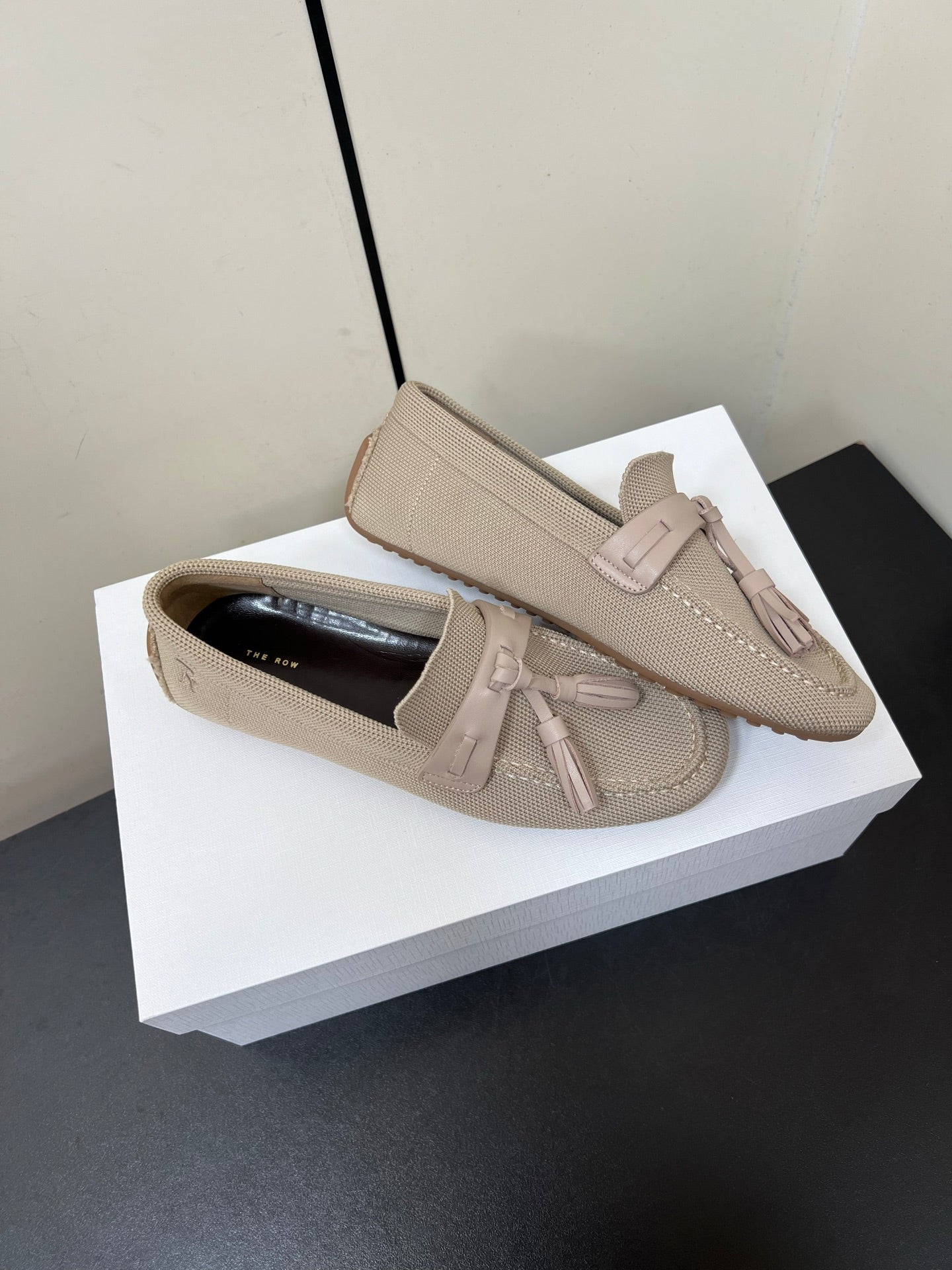 The Row Tassel-Knit Loafer Beige Canvas And Sheepskin 339995