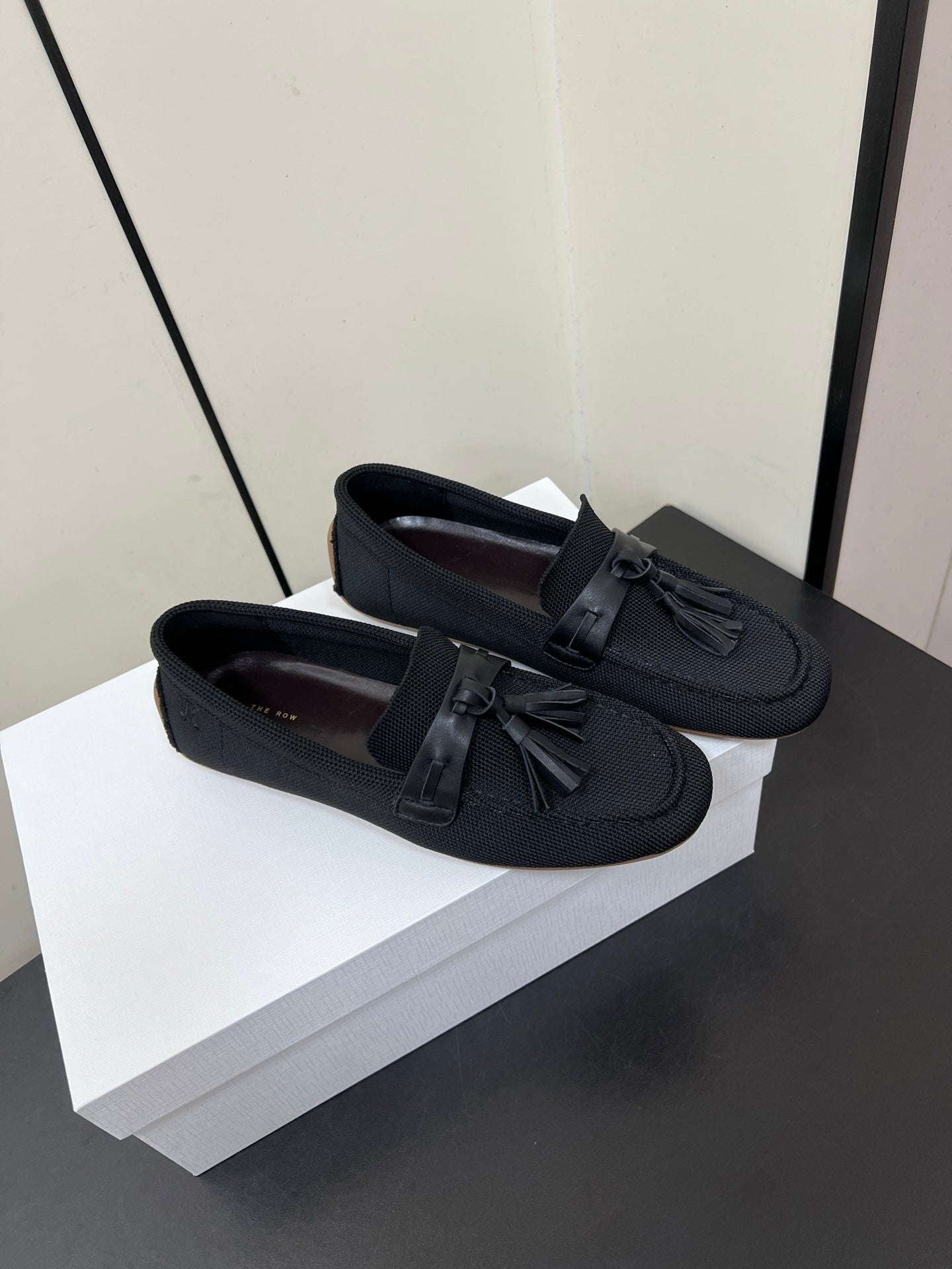 The Row Tassel-Knit Loafer Black Canvas And Sheepskin 339996