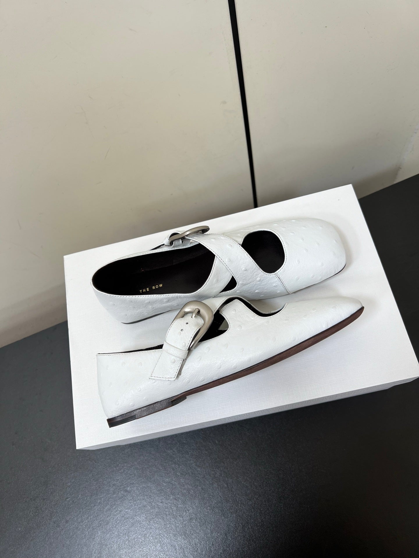 The Row Gaia Criss Mary Jane White Ostrich Leather 340002