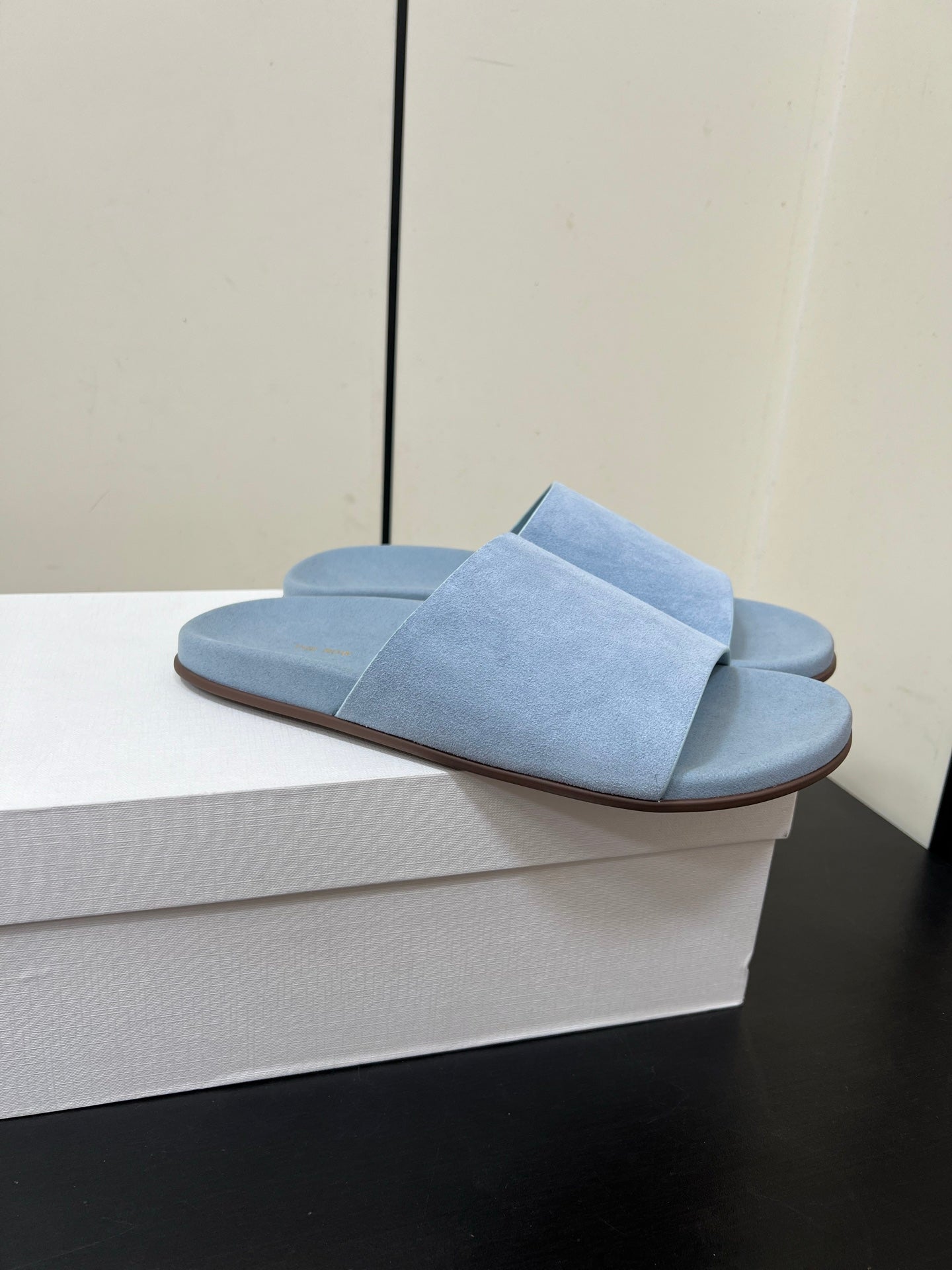 The Row Slippers In Baby Blue Suede 340021