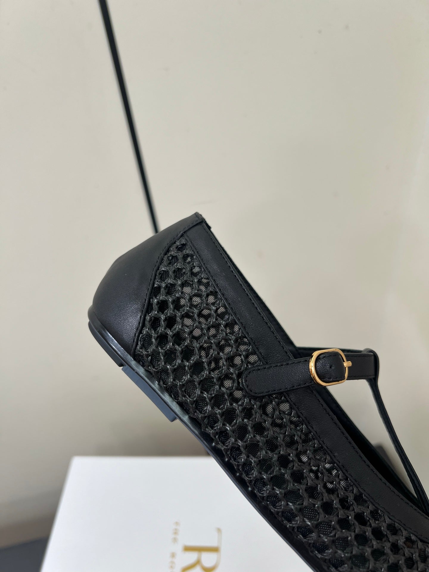 The Row 25ss Square T-Strap Flat Black Mesh Cowhide 340041