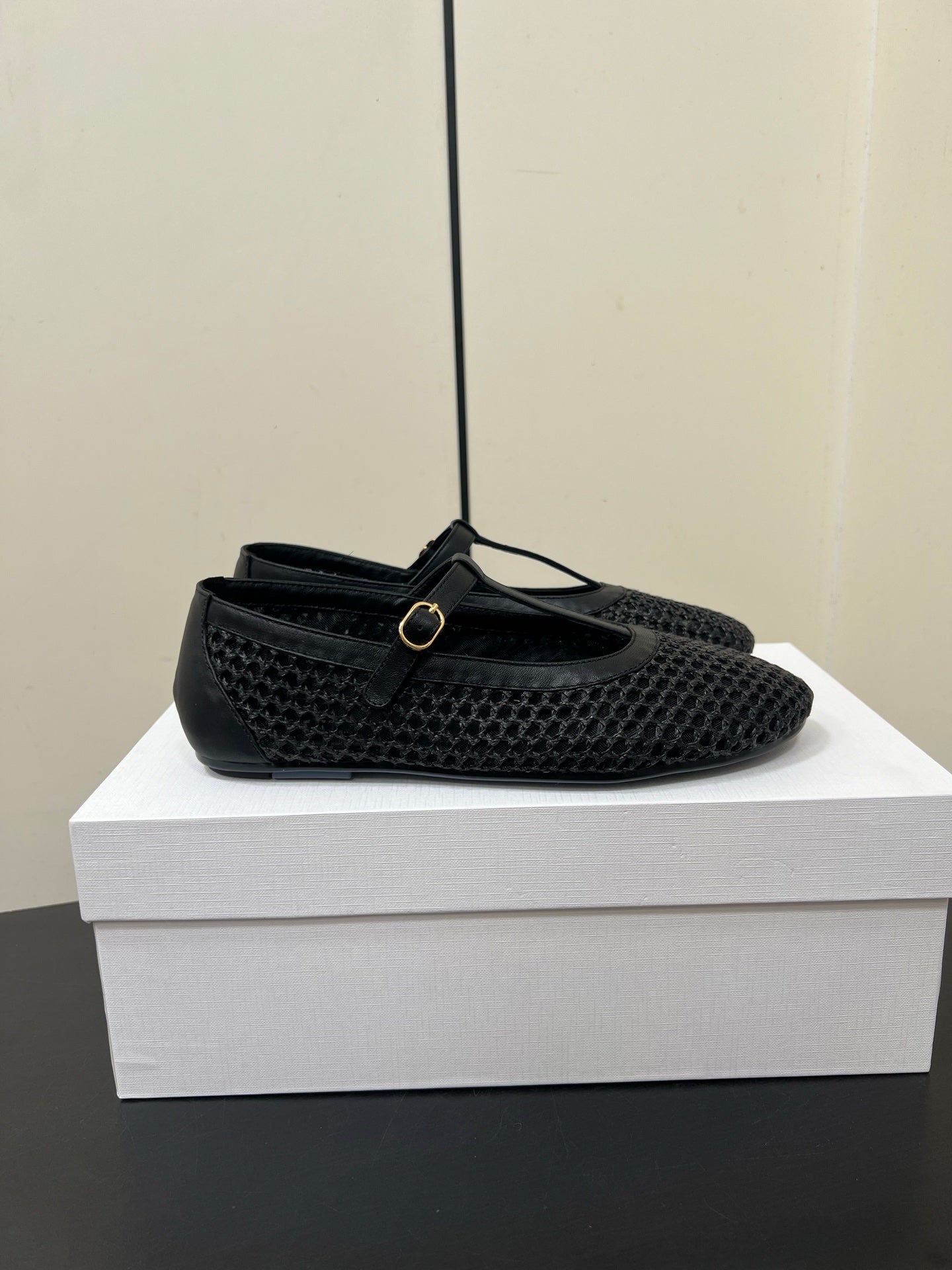 The Row 25ss Square T-Strap Flat Black Mesh Cowhide 340041