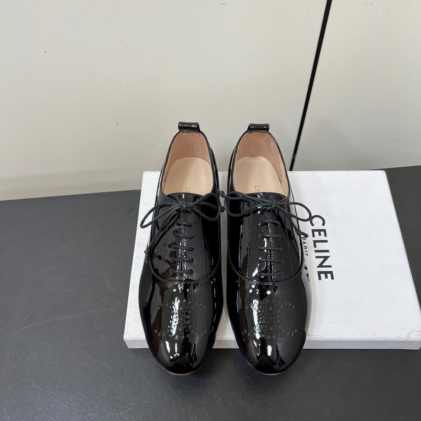 Celine 25 Lise Perforated Triomphe Richelieu Shoe Black Patent Leather 619644